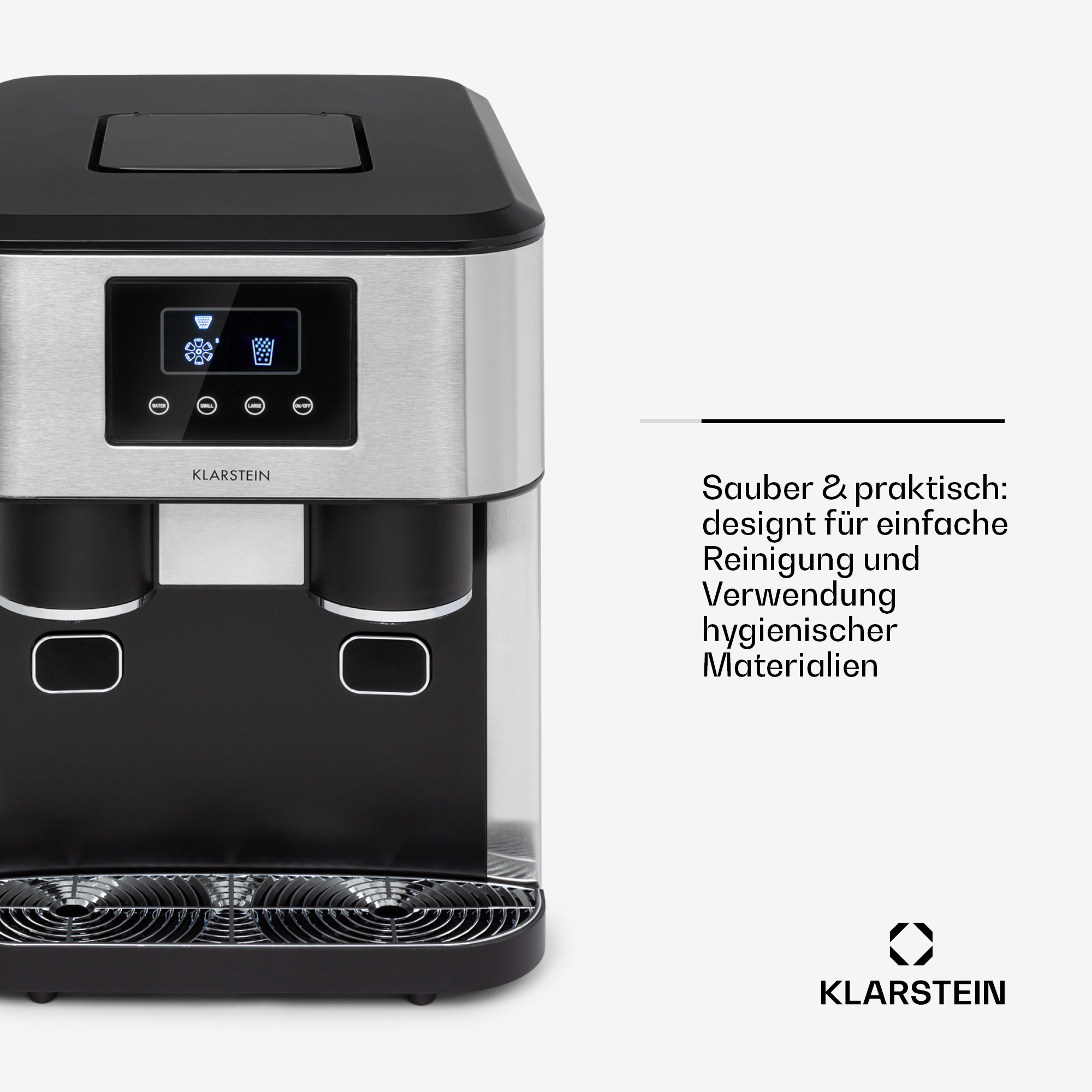 Schwarze und silberne Eismaschine mit digitaler Anzeige. Weißer Hintergrund.