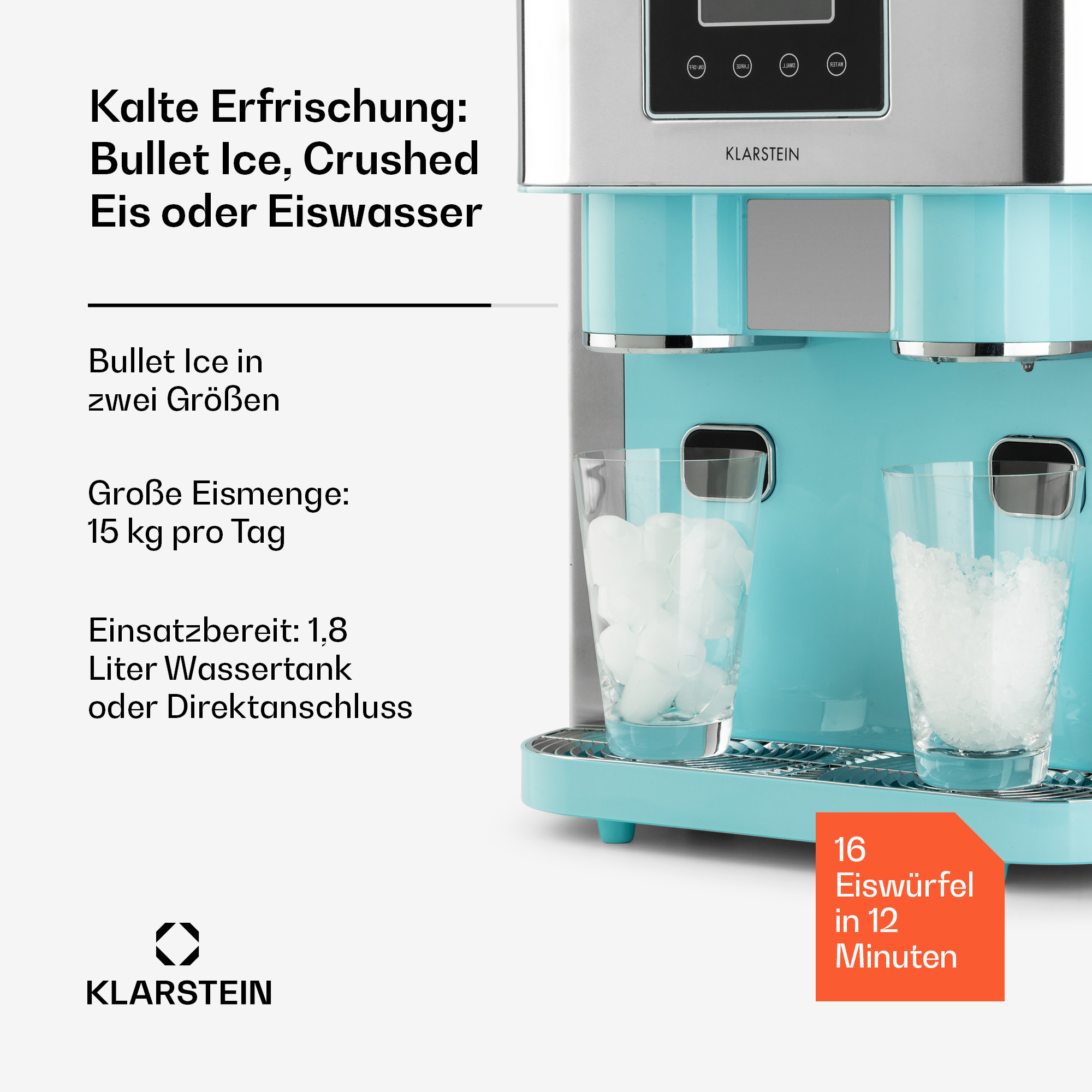 Eine türkisfarbene und silberne Eismaschine. Sie hat zwei Gläser mit Eis und Textbeschriftungen.
