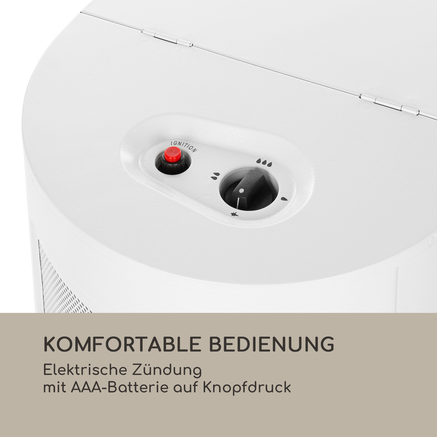 Weißes Bedienfeld mit roter Taste und schwarzem Drehregler. Text: KOMFORTABLE BEDIENUNG.