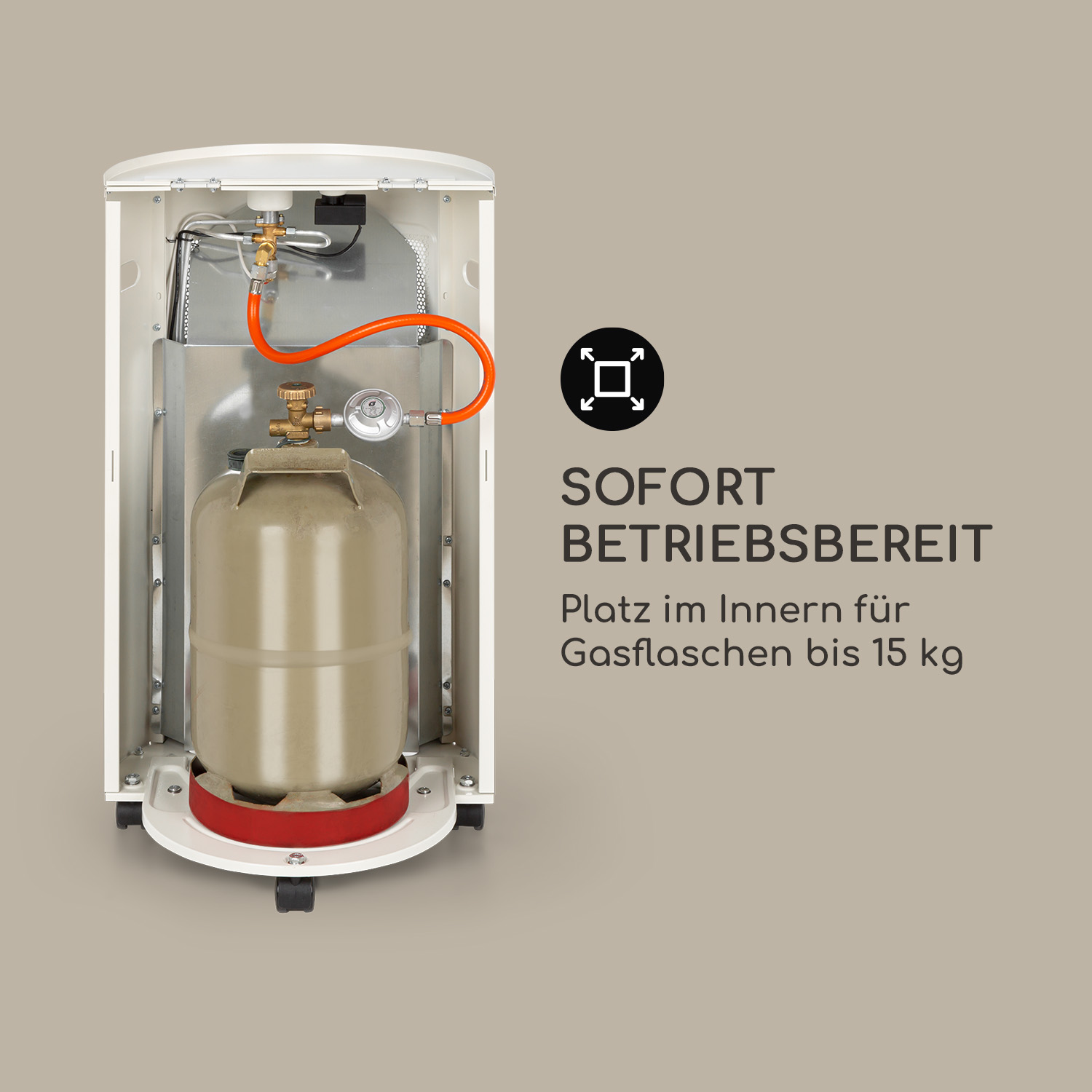 Ein weißer Gasheizer mit einer Gasflasche im Inneren, mit dem Text: 'SOFORT BETRIEBSBEREIT'.