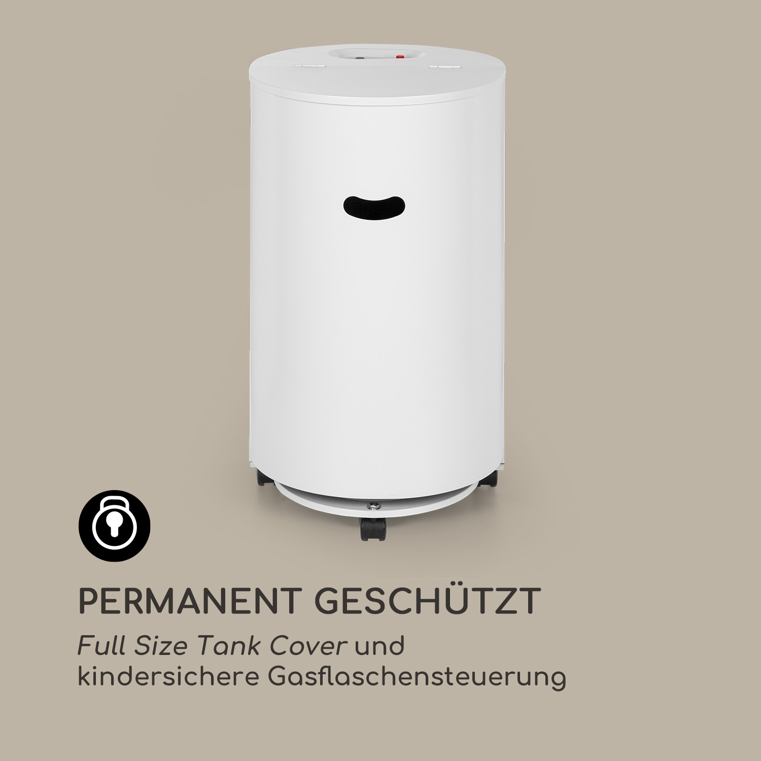 Weißer, zylindrischer Propantank-Deckel mit schwarzem Griff und Rädern.