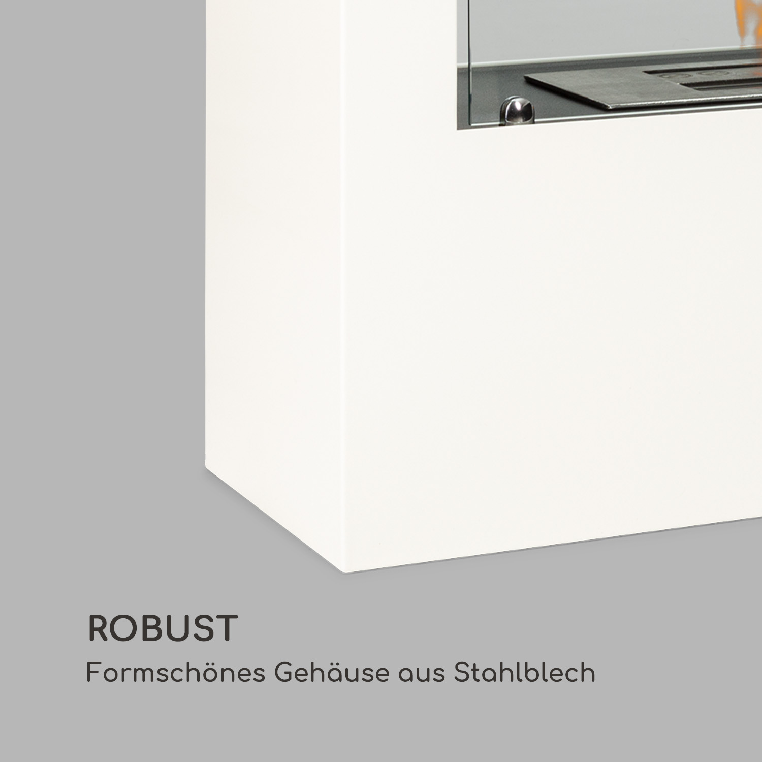 Un angolo di mobile bianco con il testo 'ROBUST' e dettagli sul materiale.