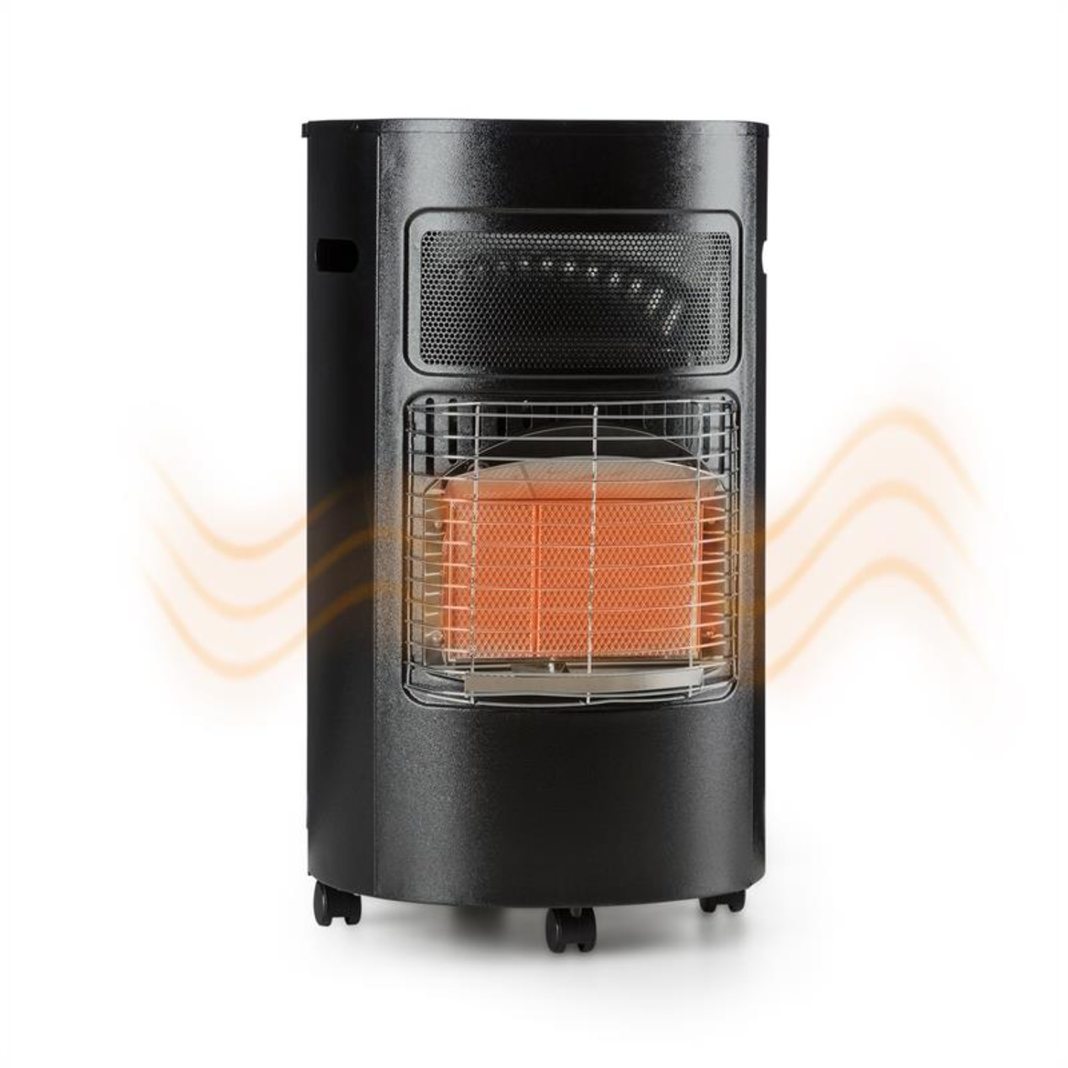 Schwarzer Heizlüfter mit glühendem orangefarbenem Heizelement und Rädern.