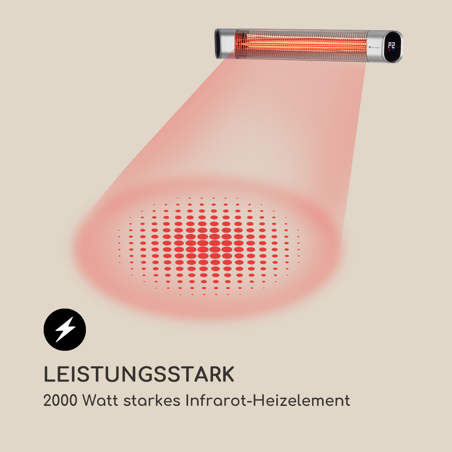 Infrarot-Heizung mit rotem Lichtkegel, Text mit Watt-Angabe.