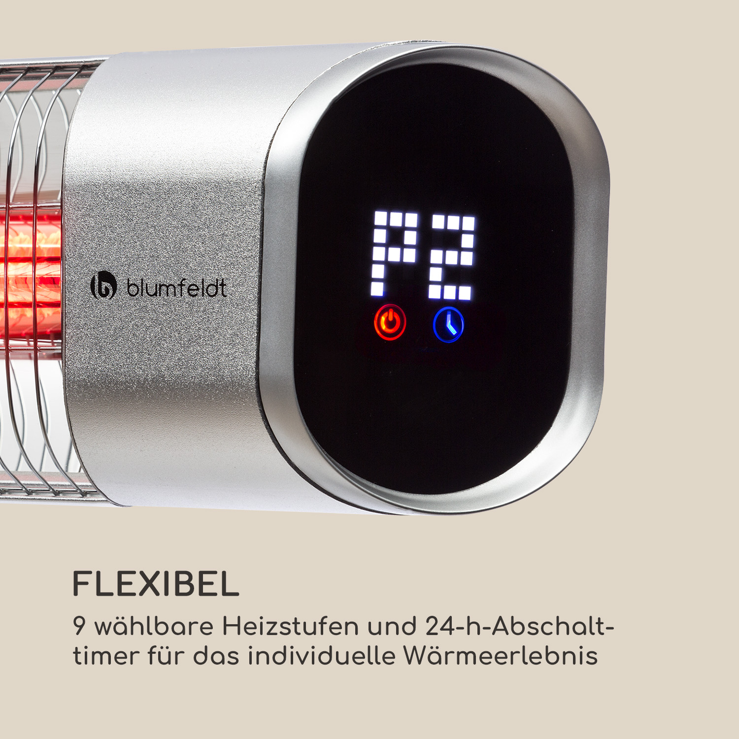 Silberner Heizstrahler mit Digitalanzeige, die 'P2' anzeigt, und roten und blauen Ein/Aus-Tasten.
