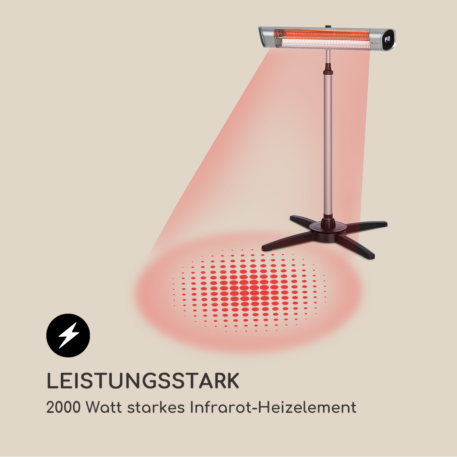 Infrarot-Heizstrahler mit rotem Lichtstrahl. Schwarzer Fuß und silberner Kopf. Text: Leistungsstarkes 2000 Watt Element.