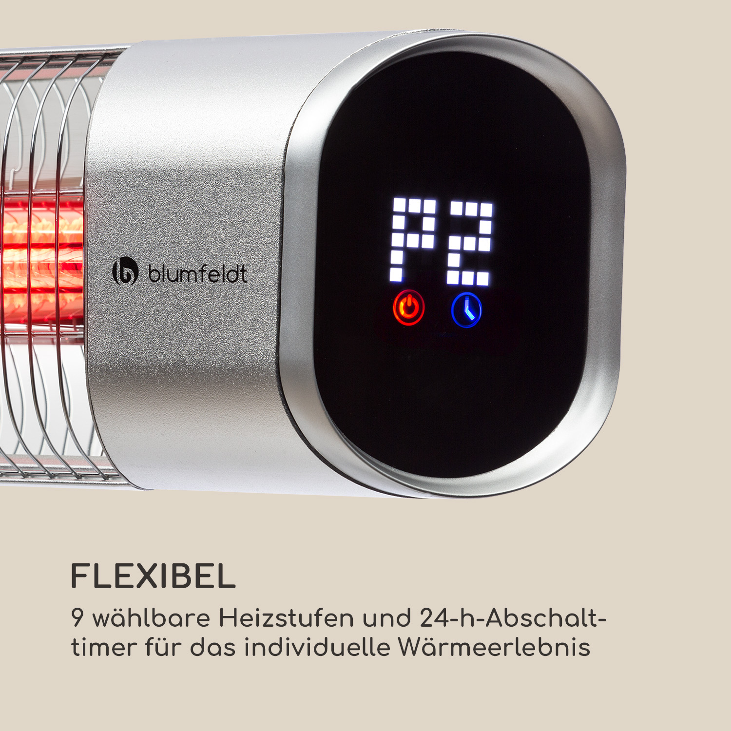 Ein silberner Heizstrahler mit Digitalanzeige und rotem Heizelement.
