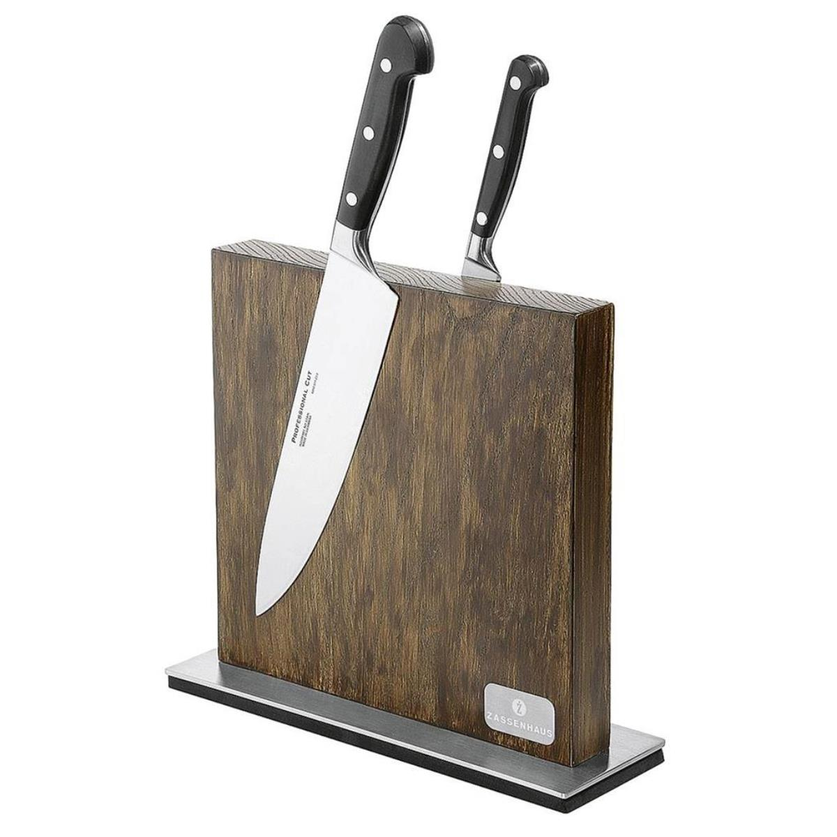 Zwei Messer in einem Holzblock. Eines ist groß, das andere klein, schwarze Griffe.