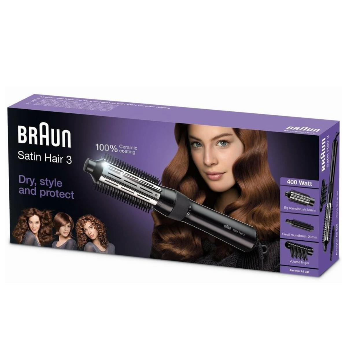 Pudełko do stylizacji włosów Braun z kobietą, zdjęciami produktu i tekstem.