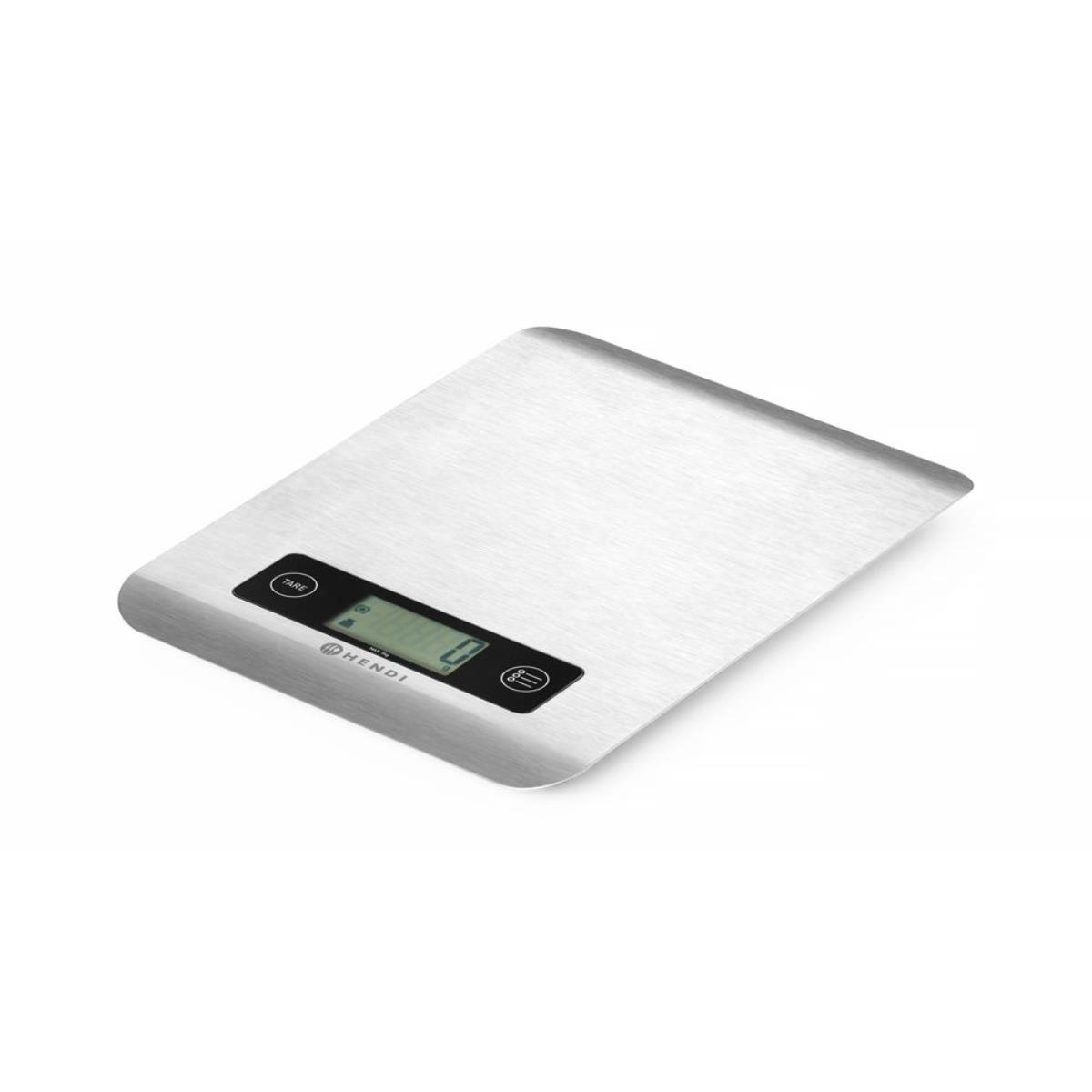 Silberne digitale Küchenwaage mit Digitalanzeige und Funktionstasten.