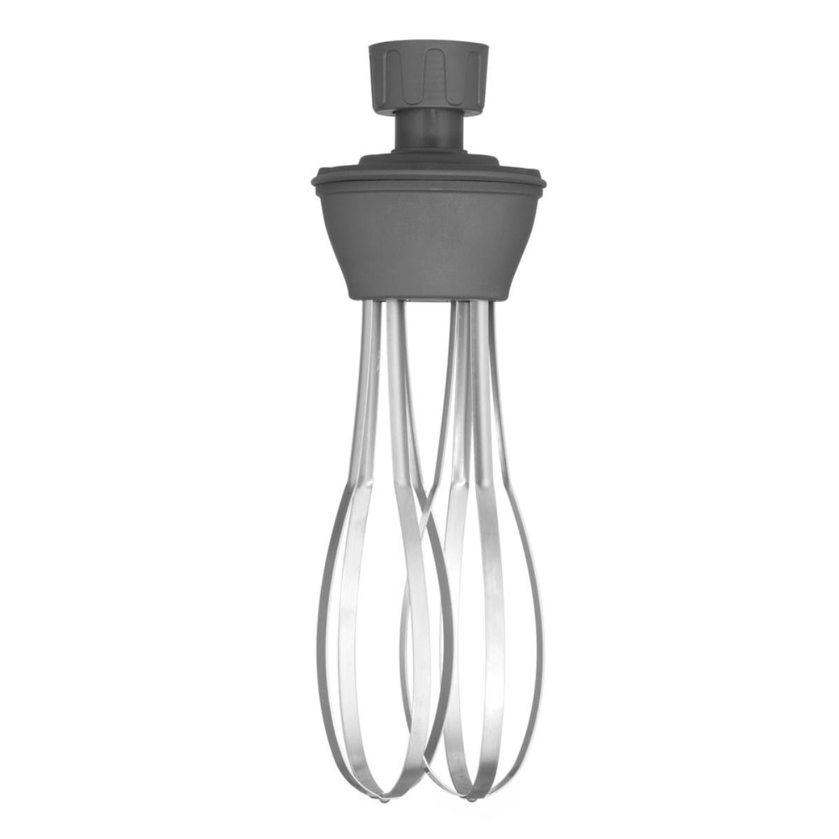 Ein grauer Handmixer-Aufsatz. Er hat zwei gebogene, silberne Schneebesen und eine graue Oberseite.