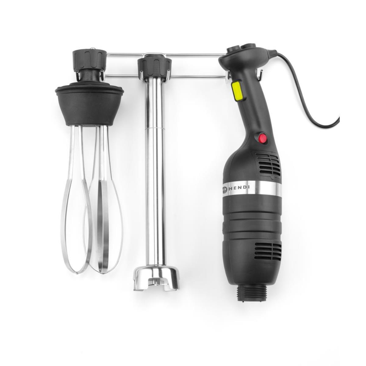 Handlicher schwarzer Stabmixer mit Aufsätzen an einer Metallstange. Gelber Knopf.