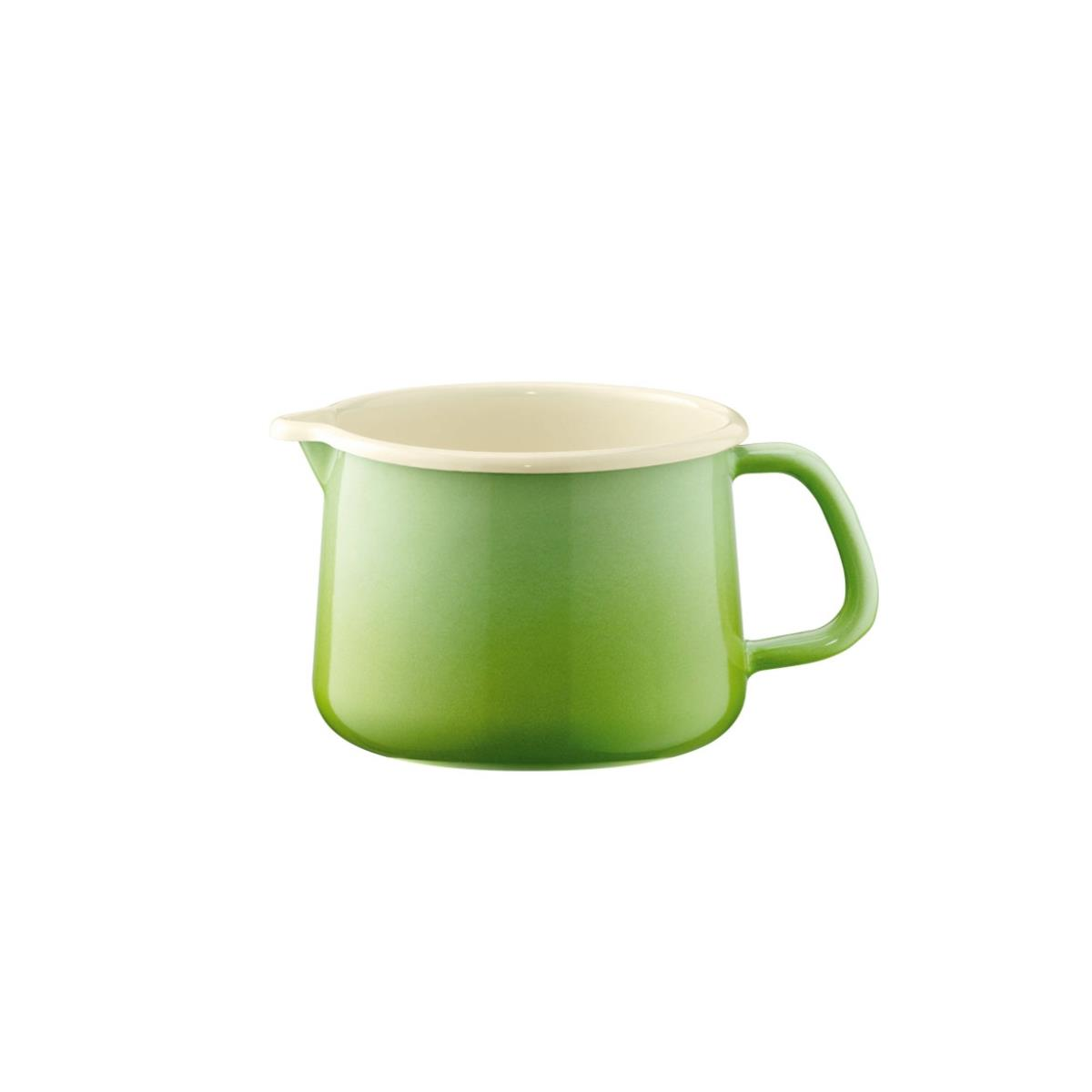Eine grüne Emaille-Kanne mit weißem Rand und Henkel.