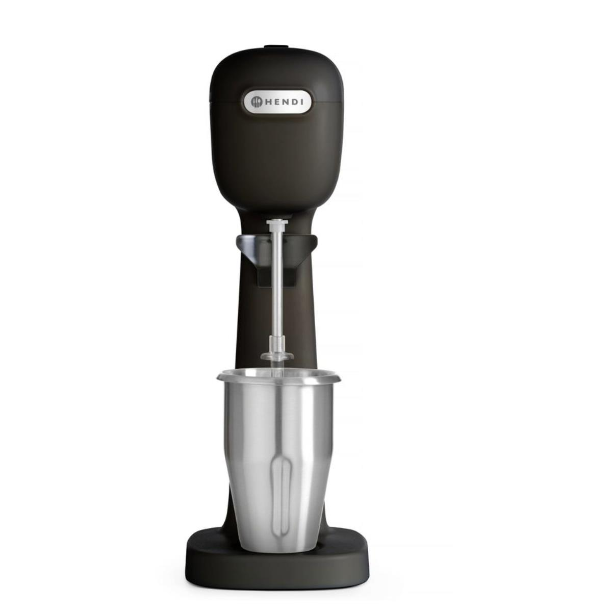 Ein schwarzer Milchshake-Maker mit einem Edelstahlbecher. Isoliert auf weißem Hintergrund.