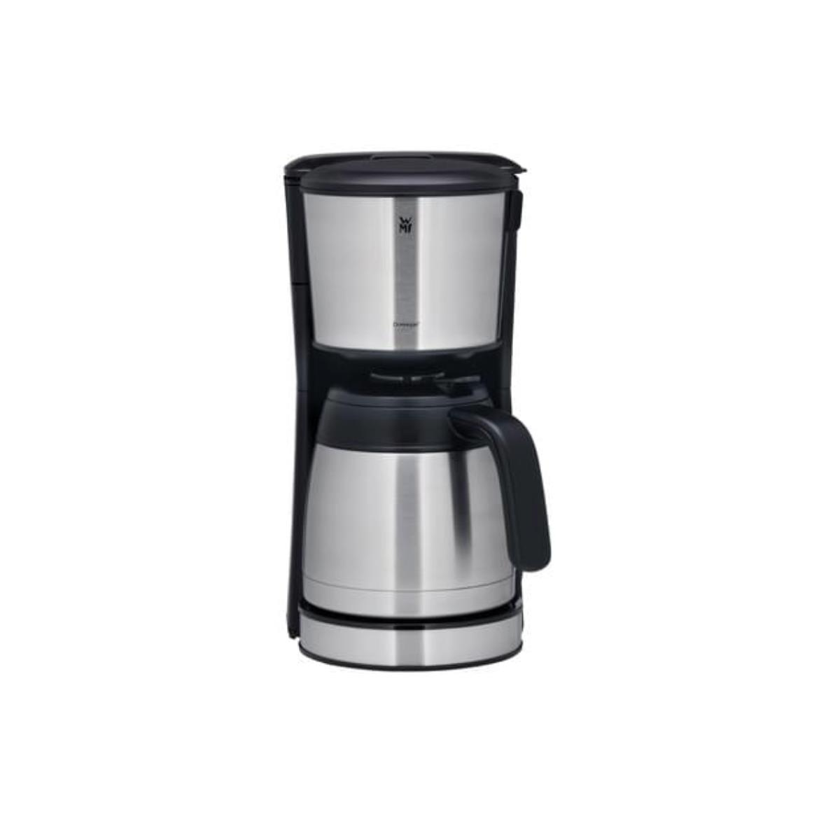 Ekspres do kawy ze stali nierdzewnej na białym tle. Czarny uchwyt.