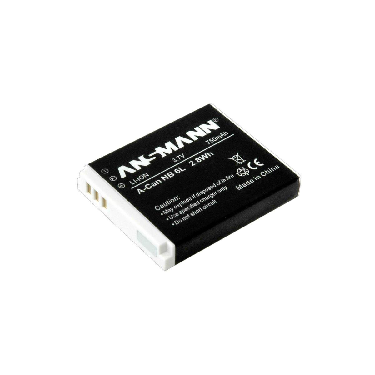 Eine kleine Ansmann Li-Ionen-Batterie. Das Etikett zeigt die Spezifikationen der Batterie, einschließlich 3,7 V, 750 mAh und 2,8 Wh.