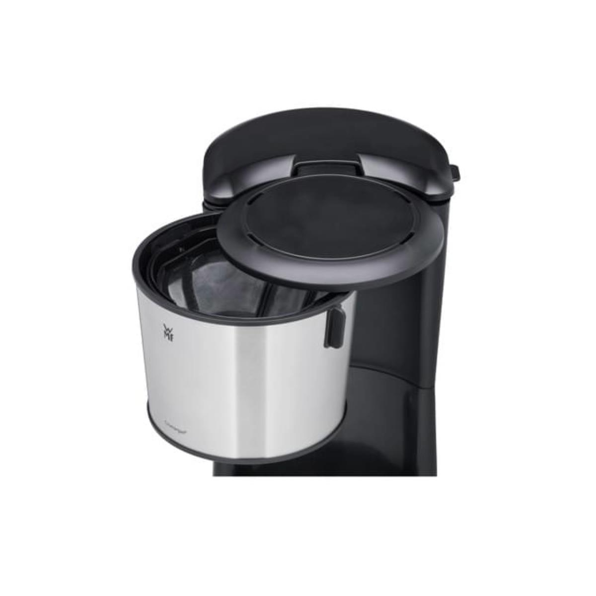 Ekspres do kawy z wyjmowanym srebrnym koszem filtrującym. Czarny i stal nierdzewna.