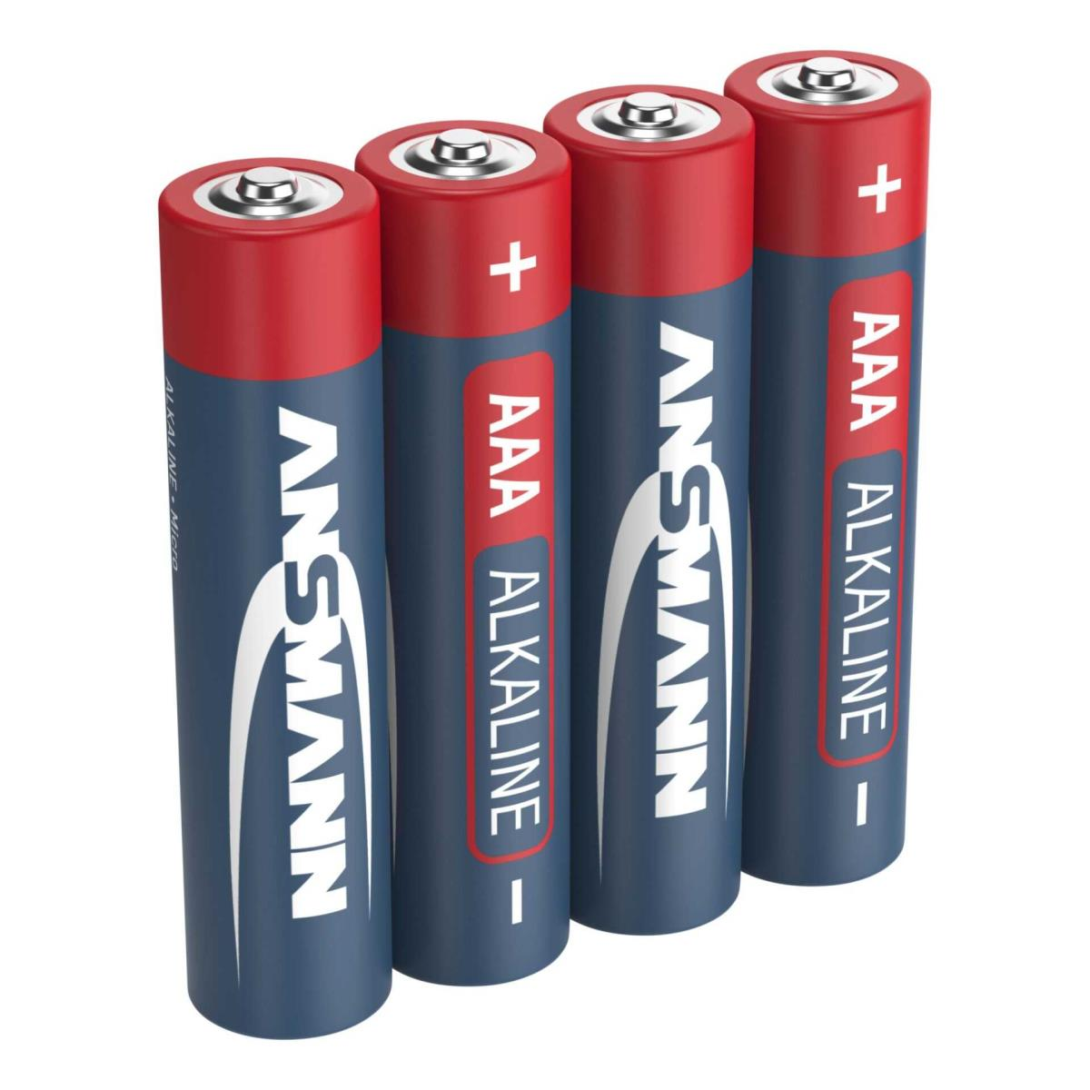 Cztery baterie AAA ANSMANN Alkaline z czerwonymi i niebieskimi etykietami.