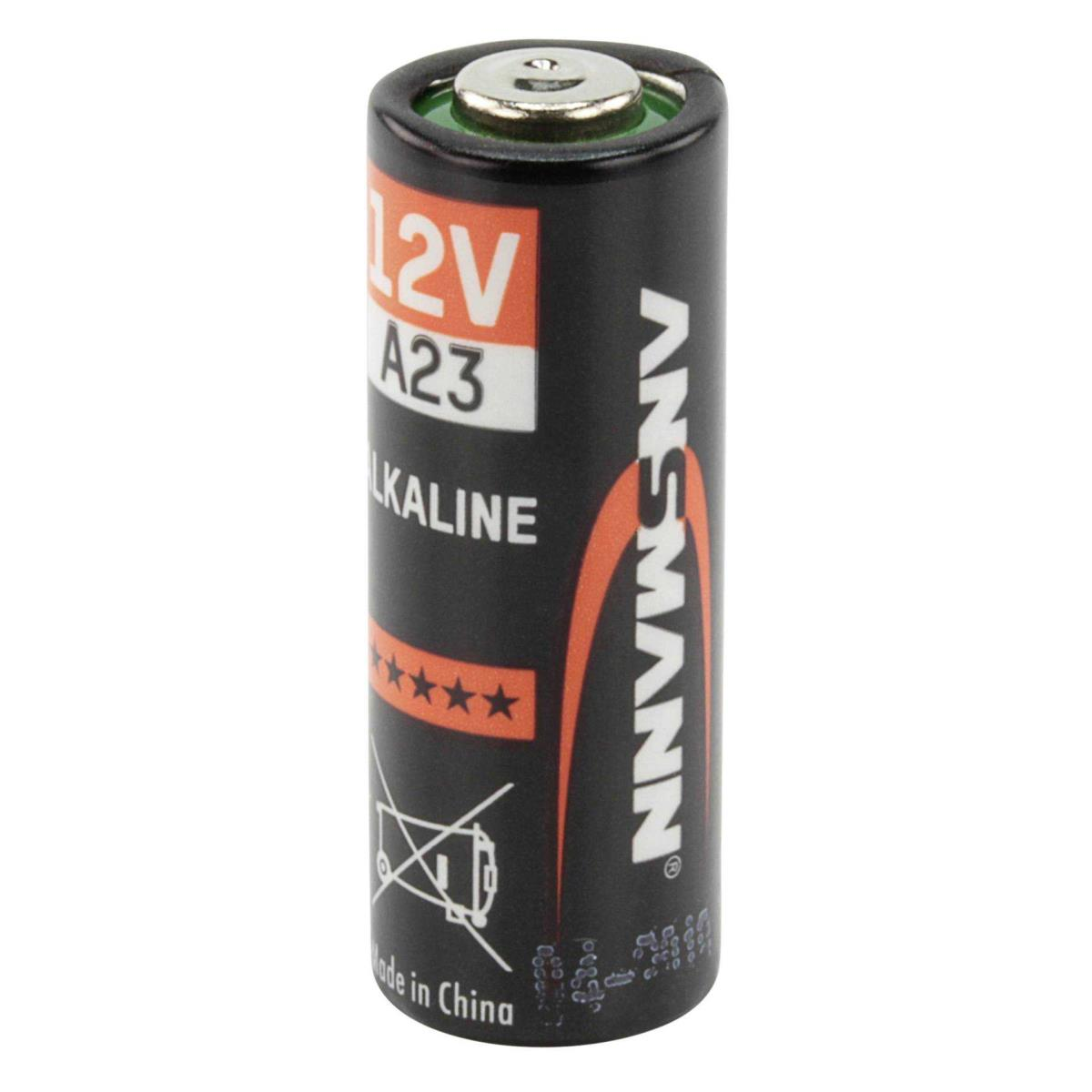 Eine schwarze zylindrische 12V A23 Alkali-Batterie mit weißem und orangefarbenem Text.