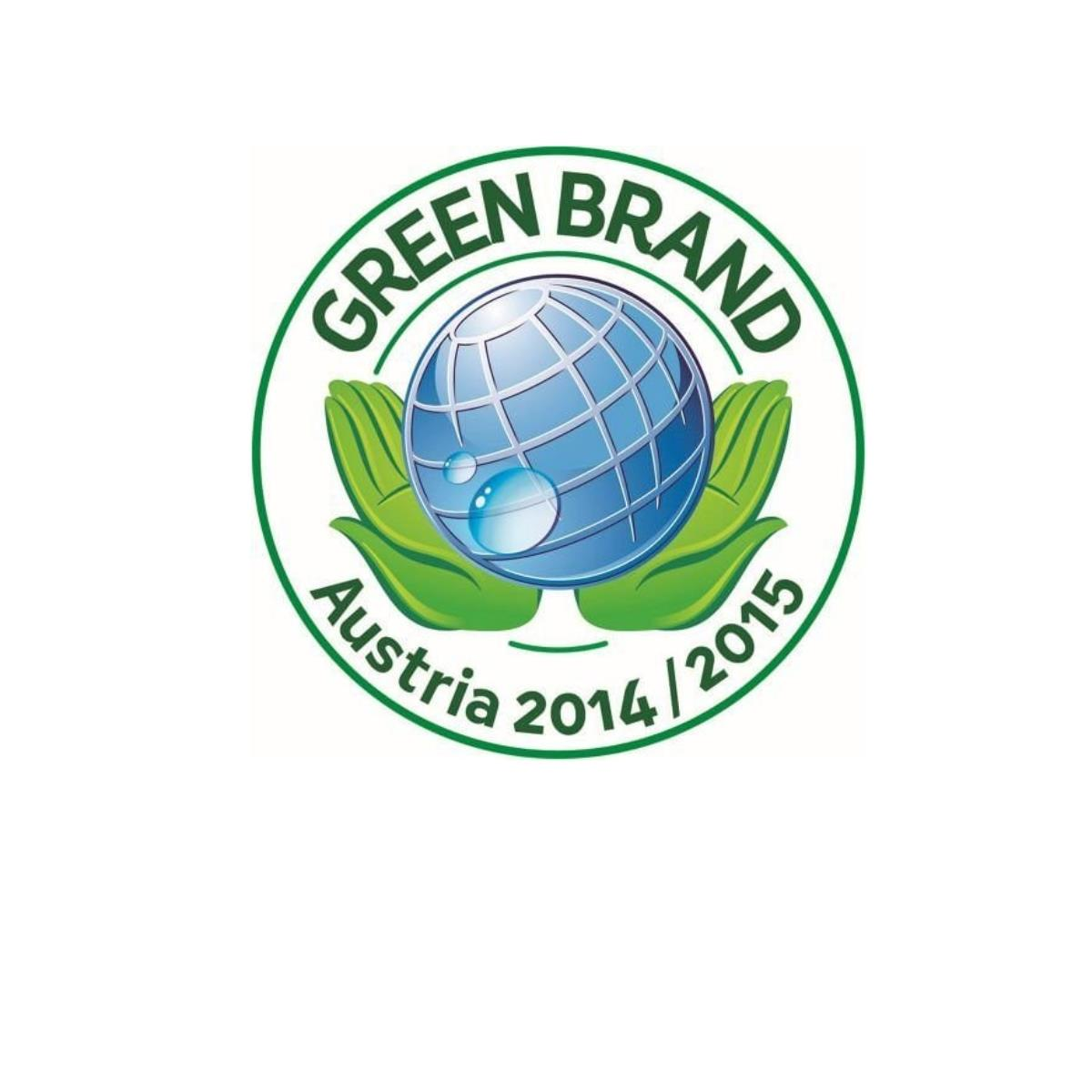 Green Brand Logo. Blaue Weltkugel in Händen. Grüne Blätter und Kreis. Österreich 2014/2015. Weißer Hintergrund.