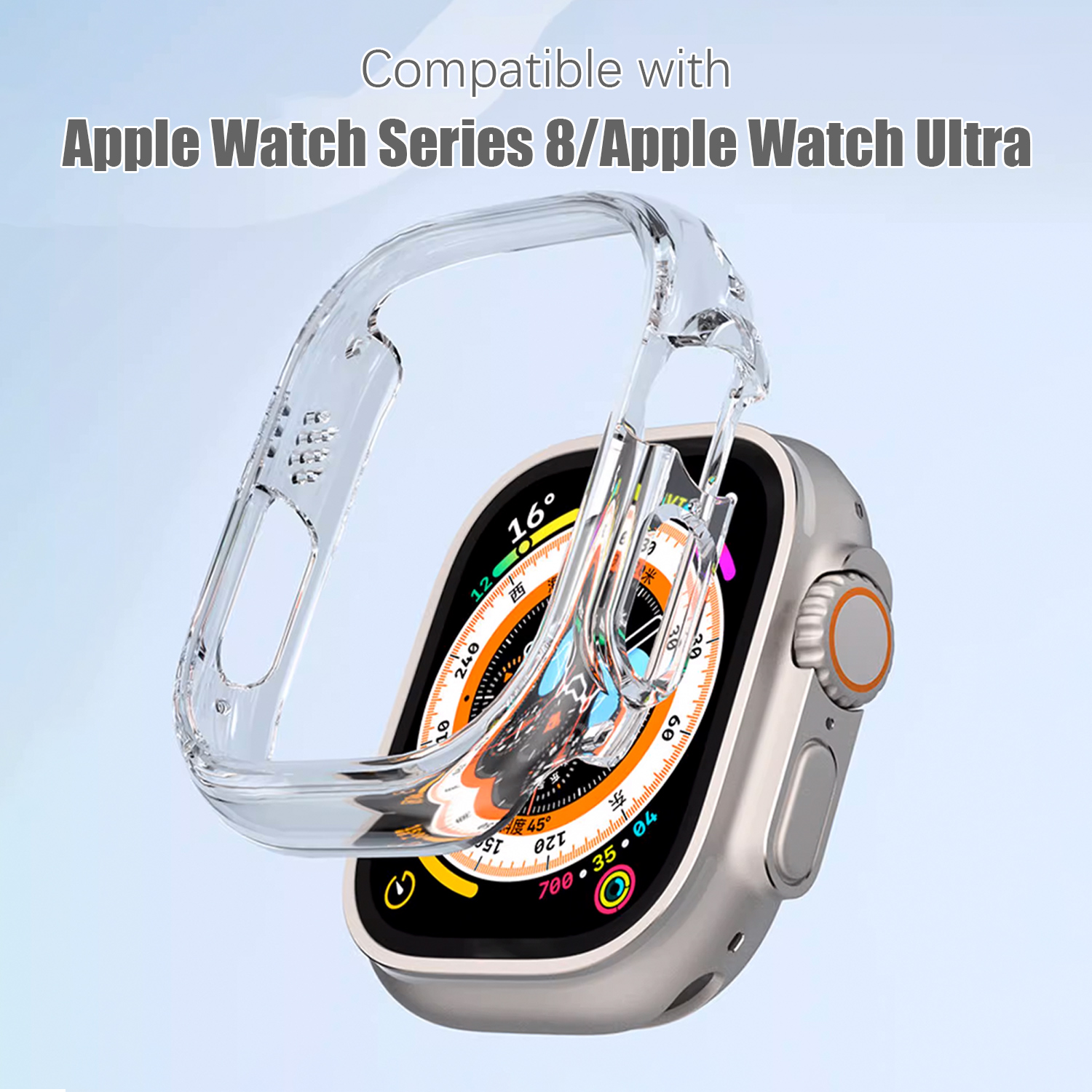 Eine transparente Uhrenhülle, die eine Apple Watch Series 8/Ultra schützt, auf hellblauem Hintergrund.
