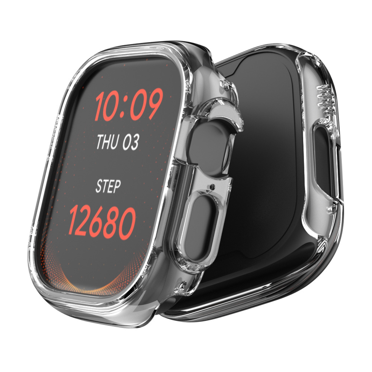 Smartwatch-Gehäuse. Das Gehäuse ist durchsichtig, mit einem schwarzen Bildschirm, der Zeit, Datum und Schritte anzeigt.