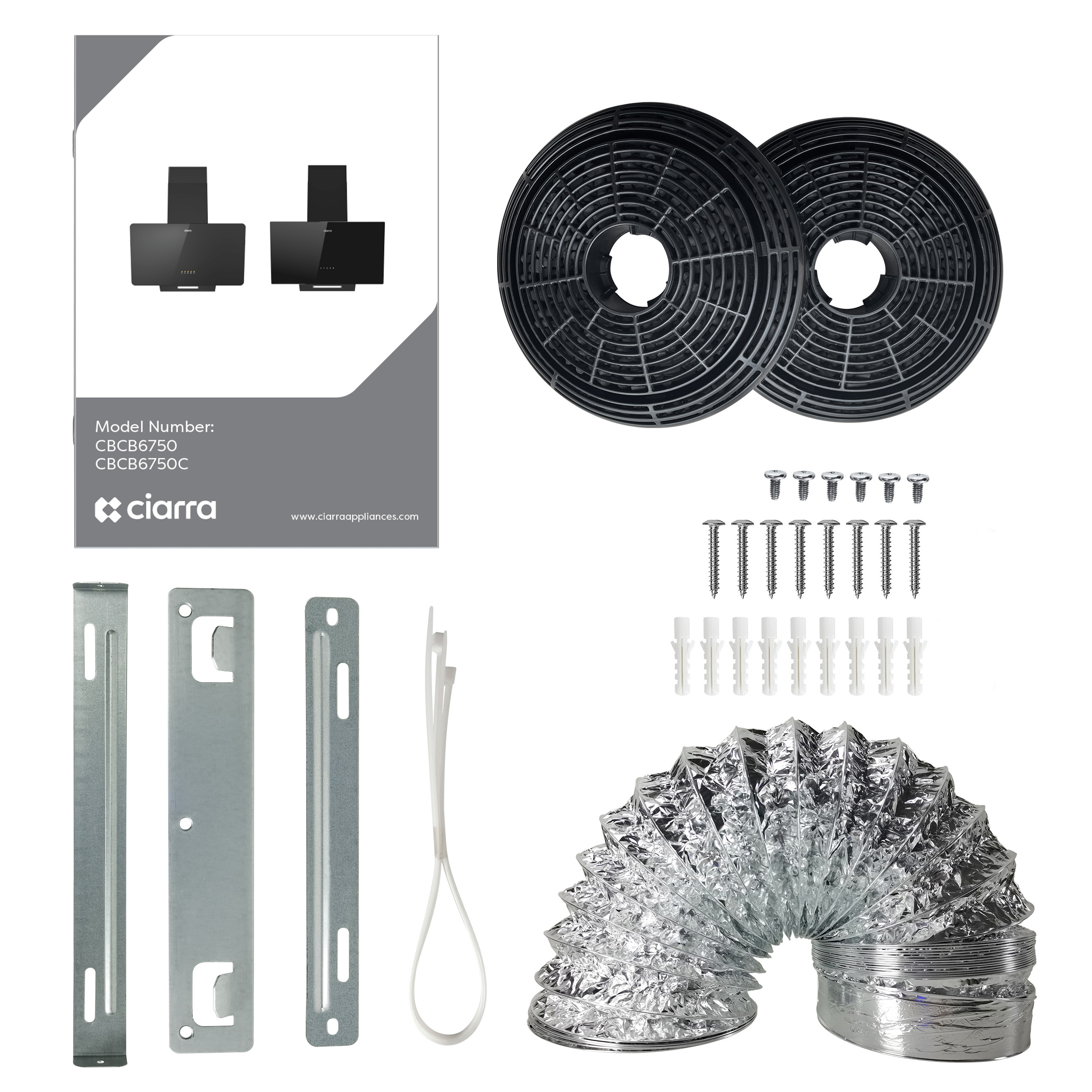 Kit met afzuigkap, filters, schroeven, ankers en aluminium buizen tegen een witte achtergrond.