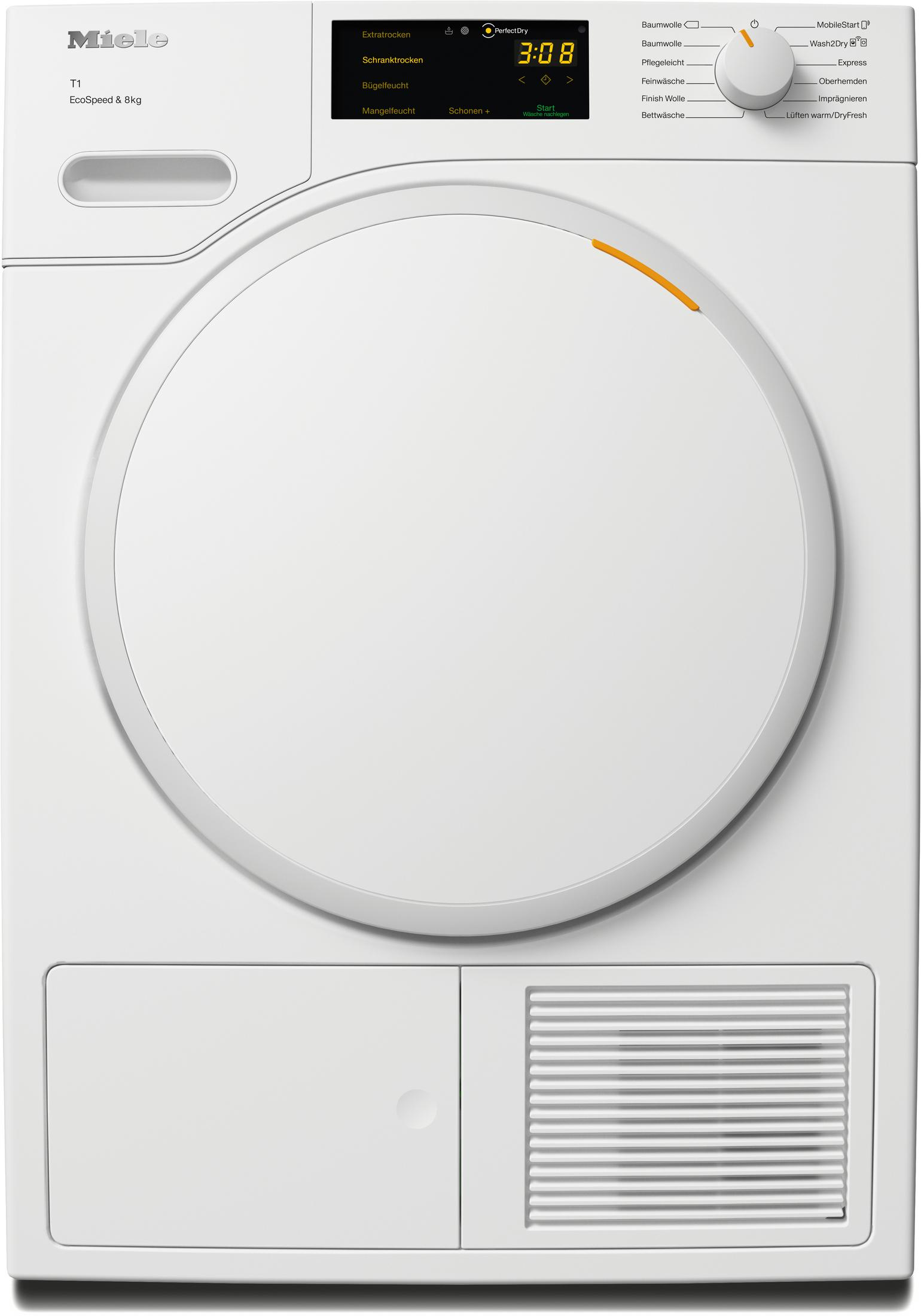 Sèche-linge Miele blanc avec porte circulaire, affichage numérique et boutons de commande.