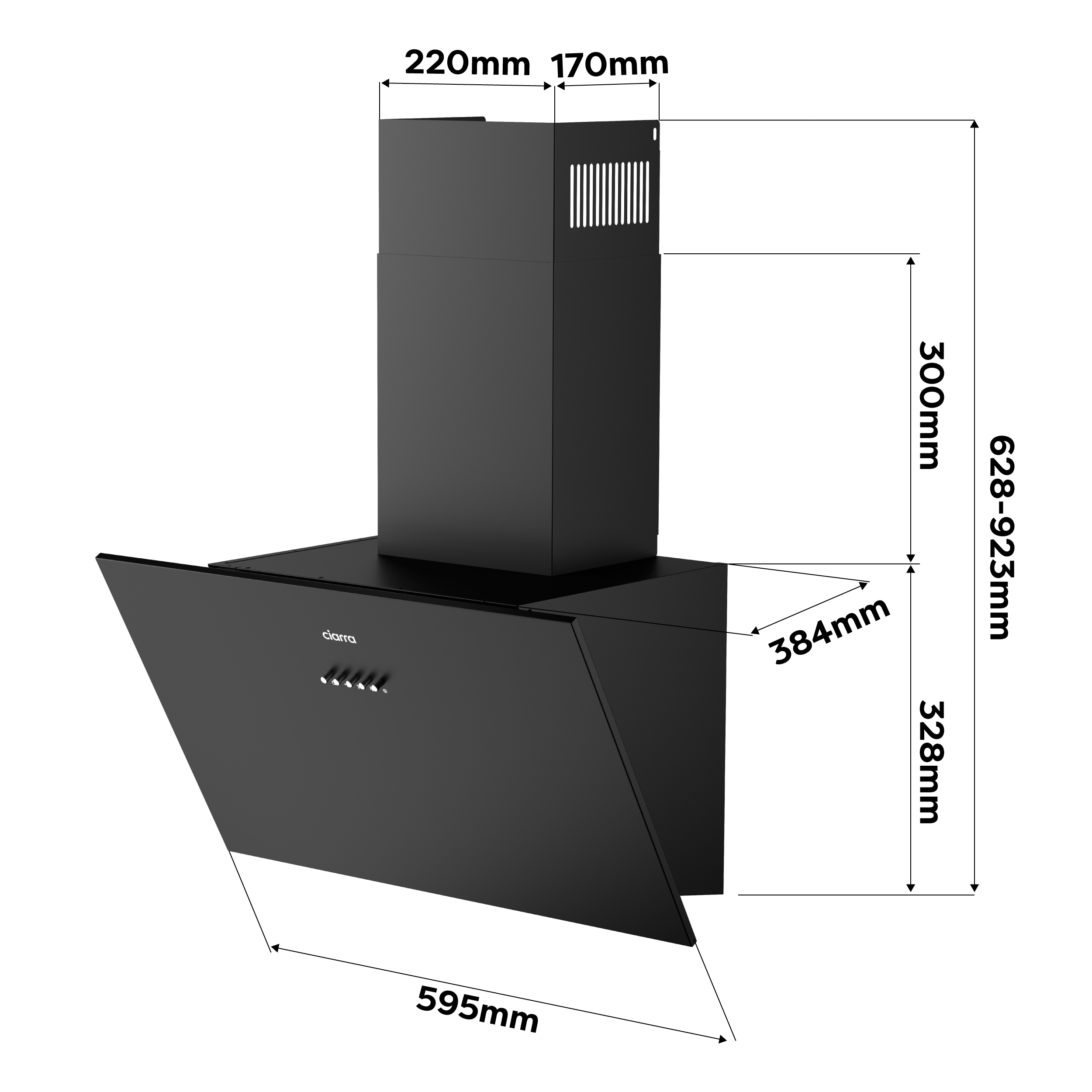Une hotte de cuisine noire avec des marquages de dimensions, montrant ses détails de taille.
