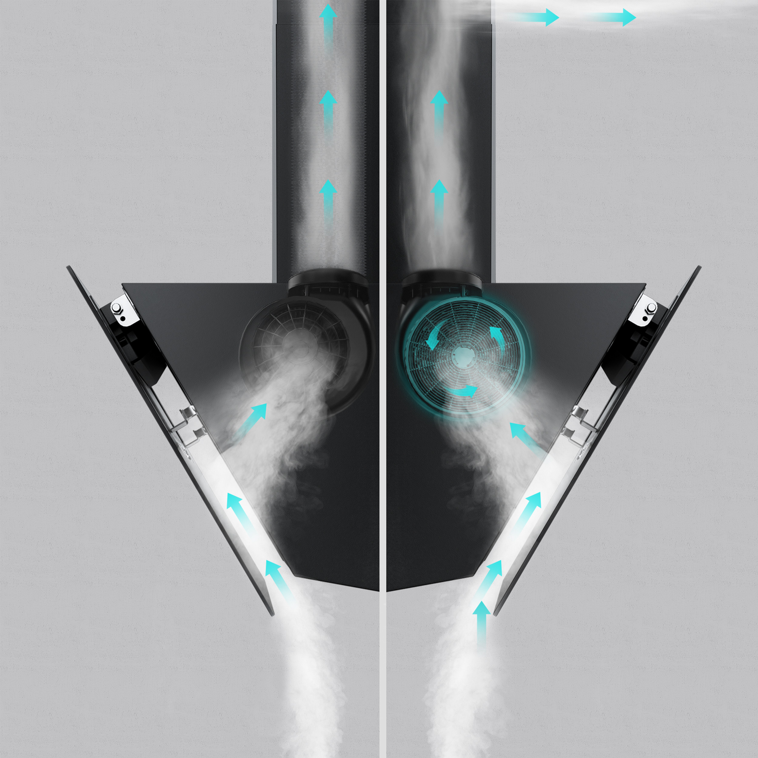 Een diagram van een afzuigkap dat de luchtstroom toont, pijlen geven de richting van de lucht aan.