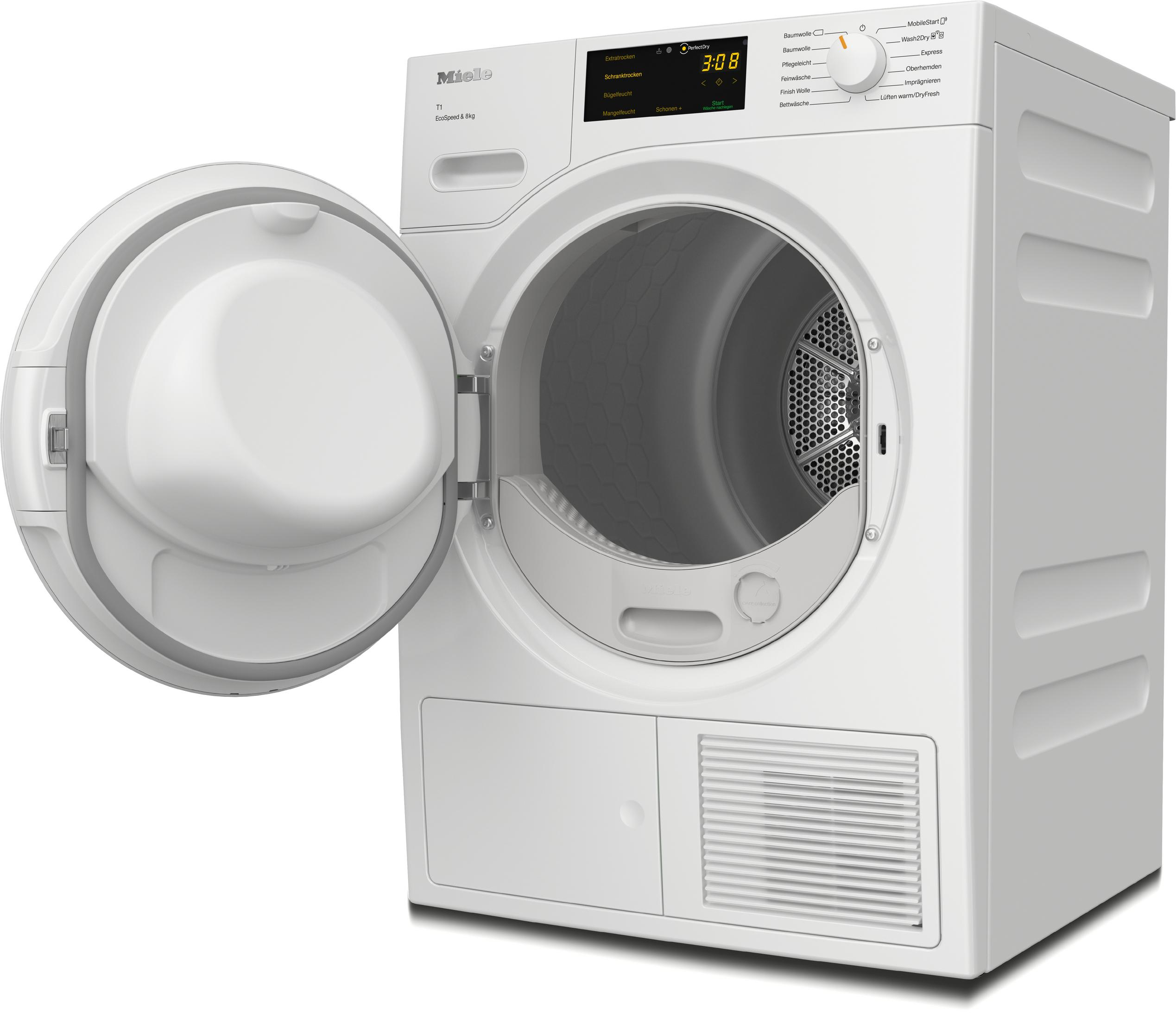 Sèche-linge Miele blanc avec porte ouverte. Affiche les réglages et l'heure. Intérieur blanc.