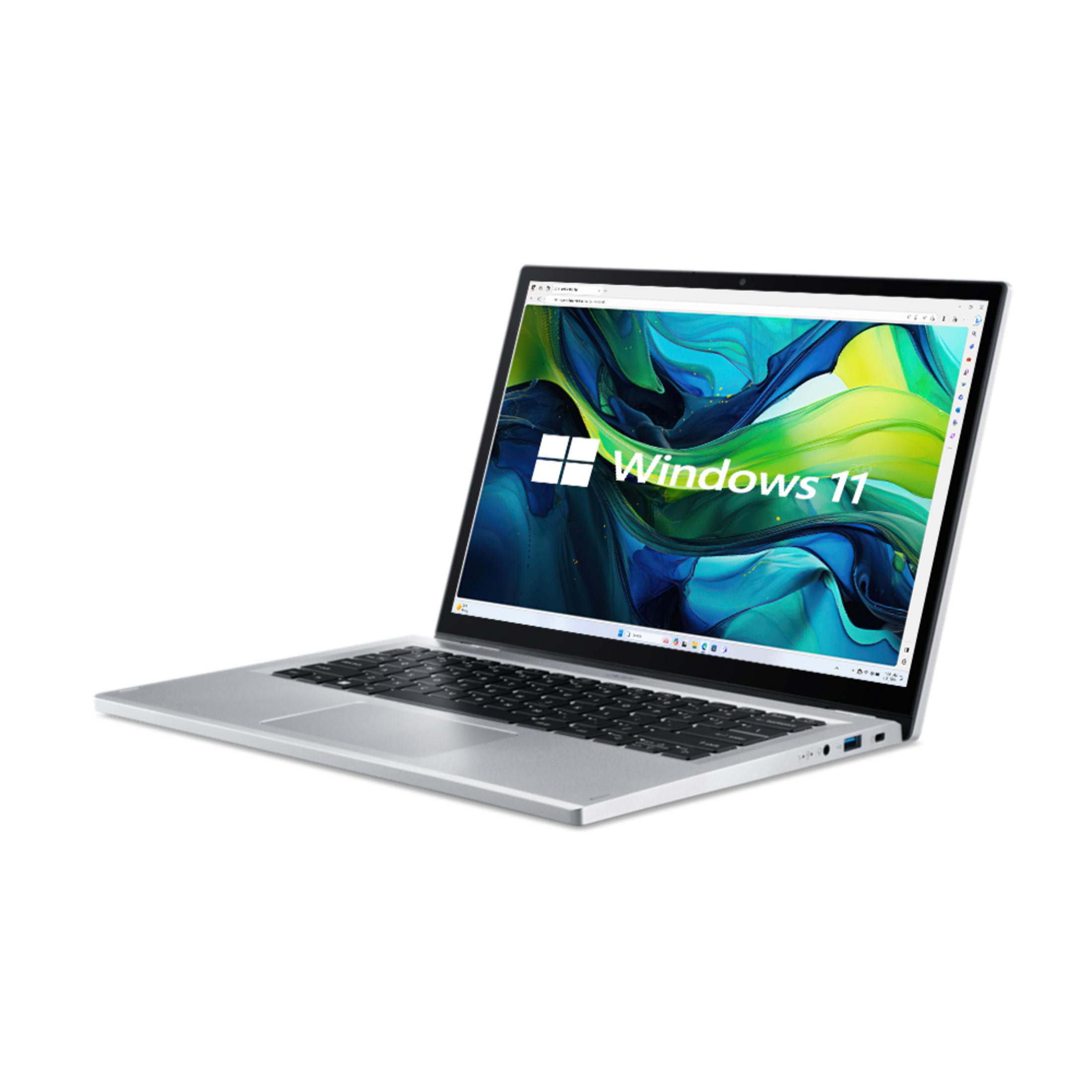 Silberner Laptop, Windows 11 auf dem Bildschirm, weißer Hintergrund.