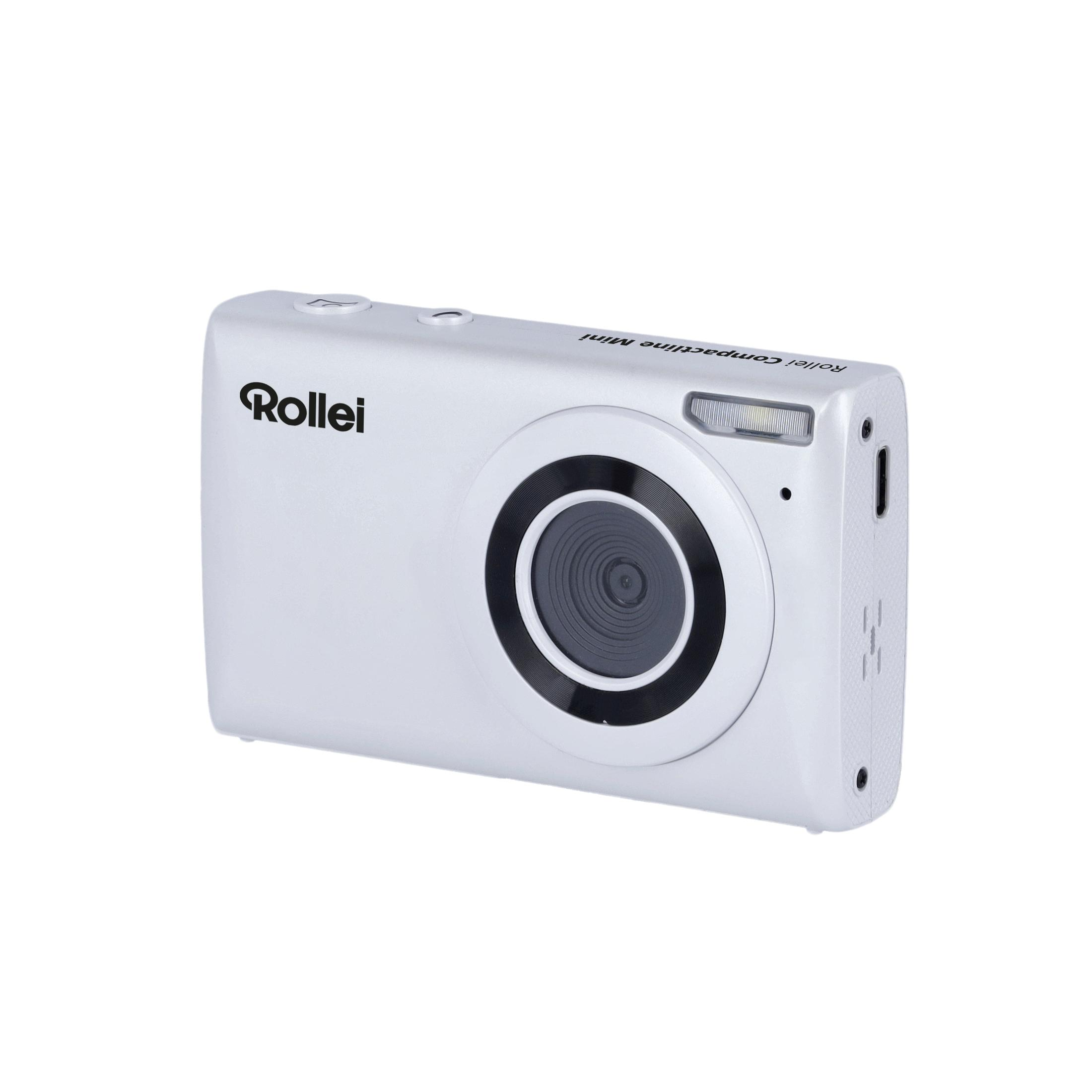 Een zilveren Rollei camera op een witte achtergrond.
