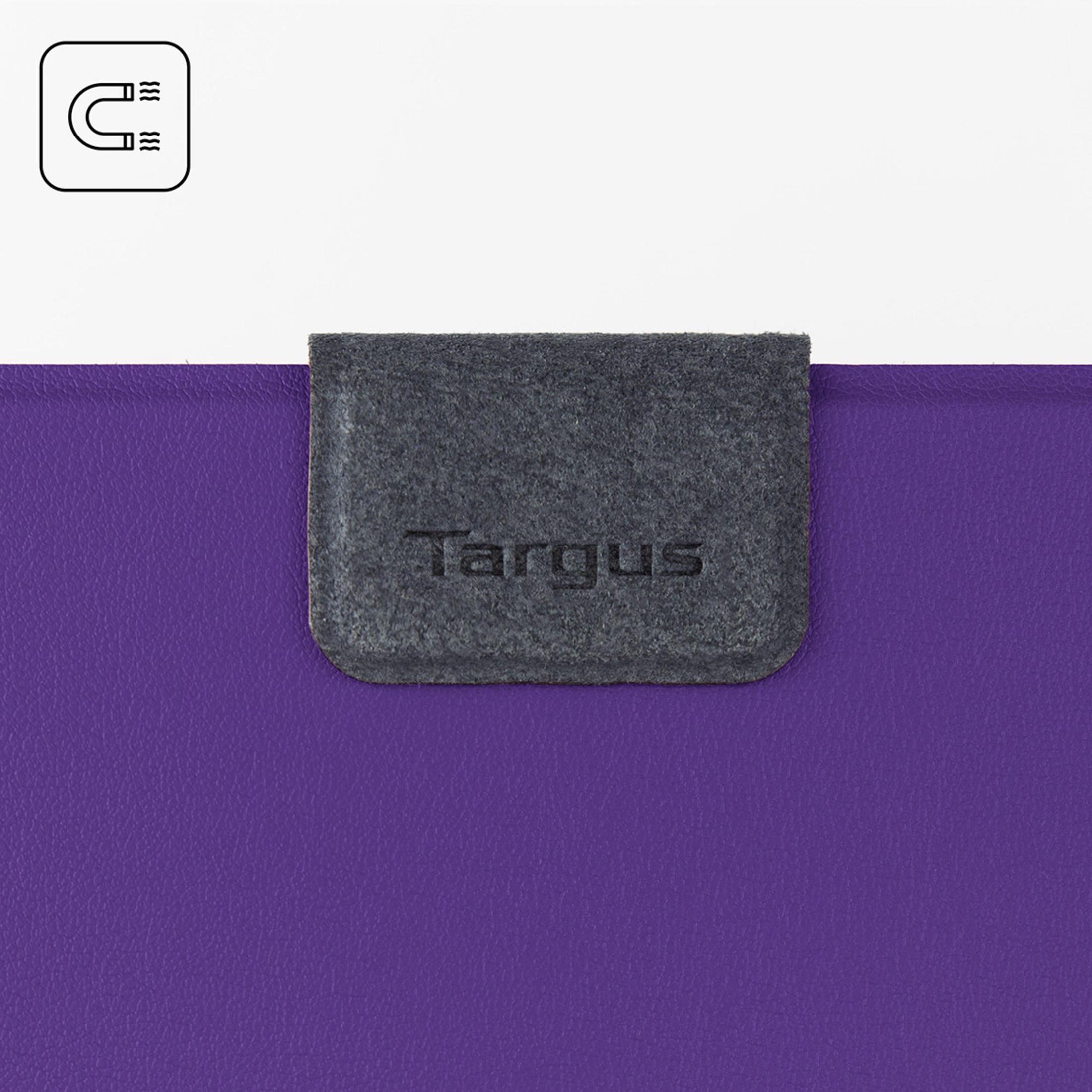 Eine lila Tablettasche mit einem dunkelgrauen Magnetverschluss mit der Aufschrift „Targus“.