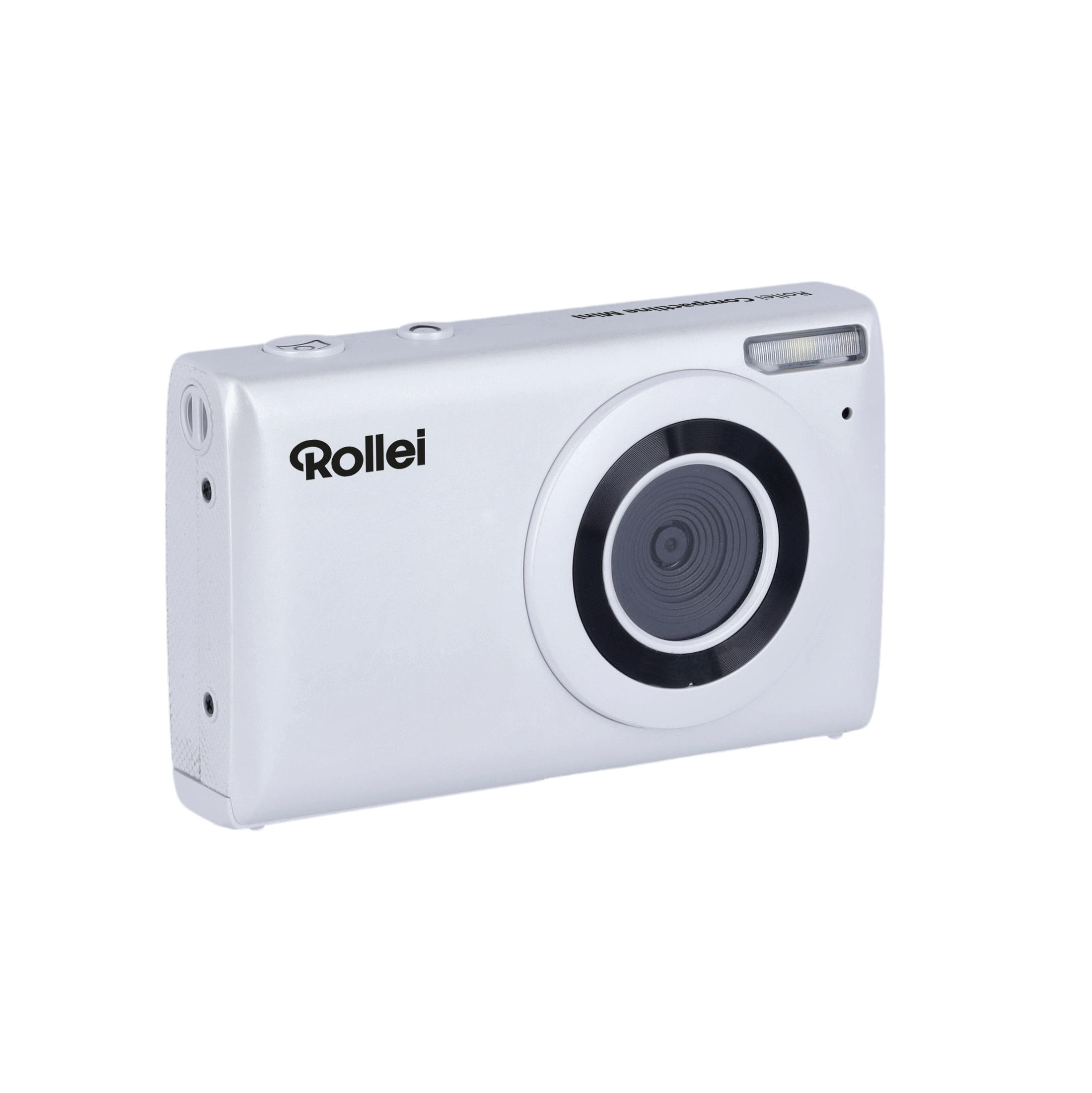 Witte Rollei digitale camera met lens, flitser en logo.