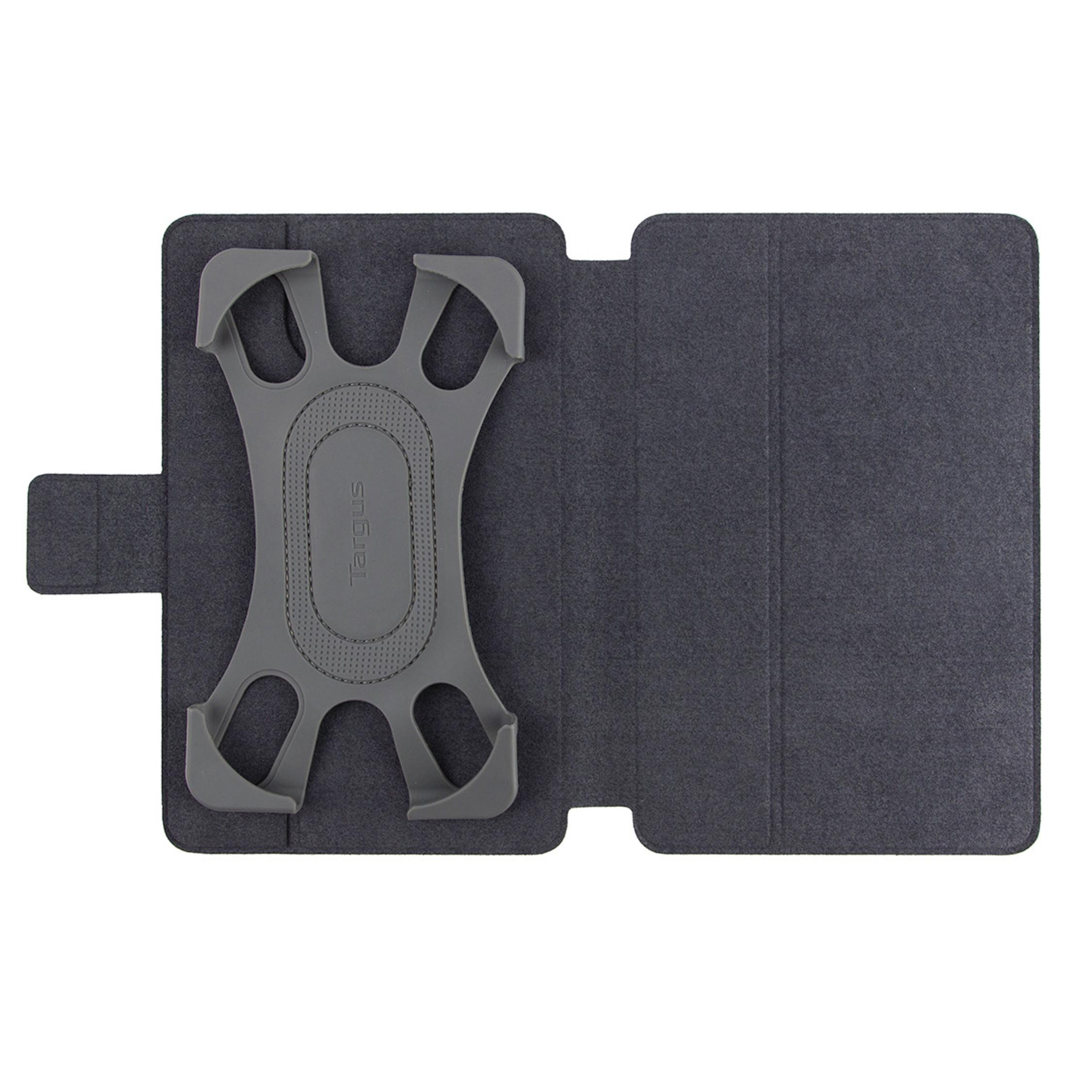 Tablethülle. Die offene Hülle ist grau mit einem grauen Innenhalter für das Tablet.