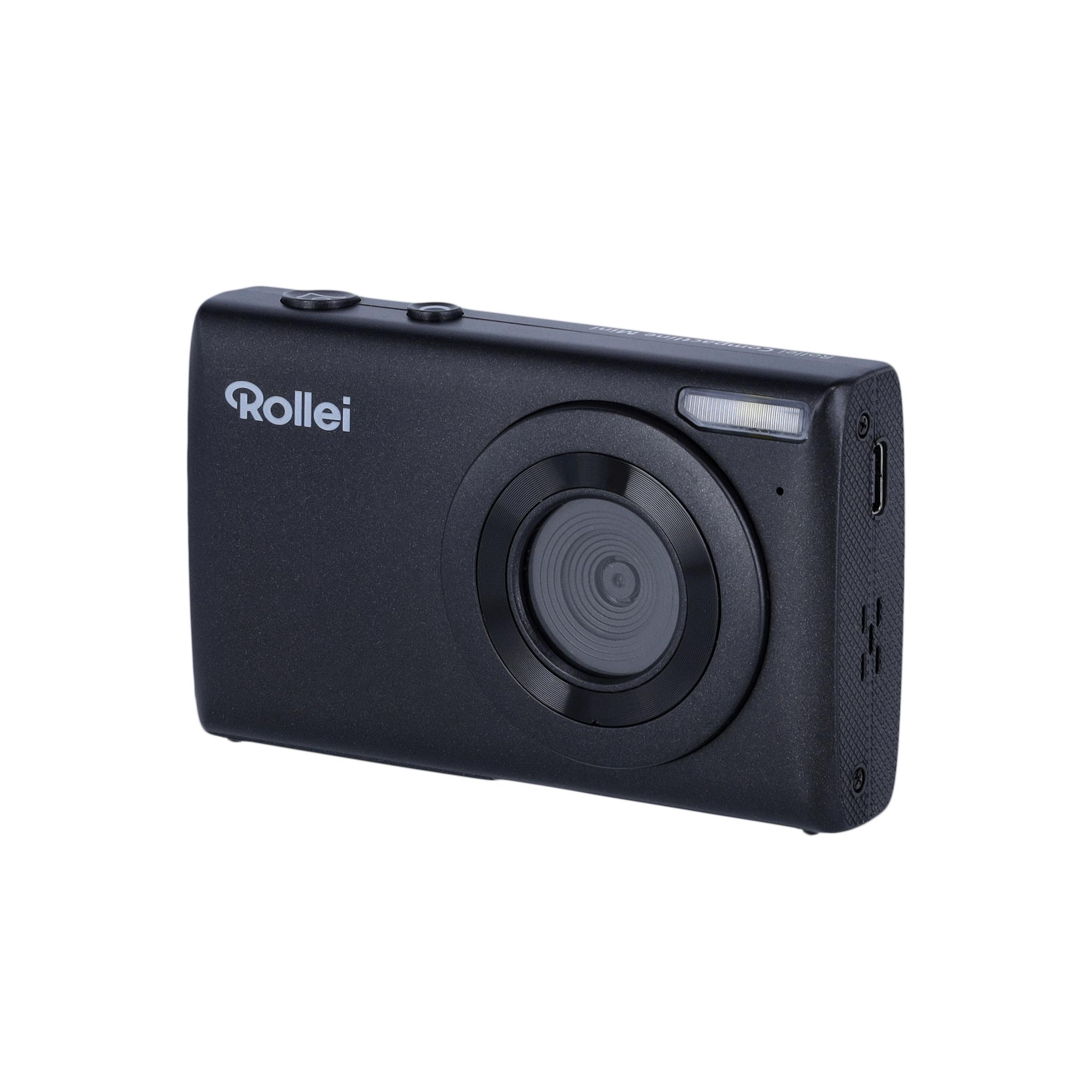 Eine schwarze Rollei Kamera, mit Objektiv und Blitz, auf weißem Hintergrund.