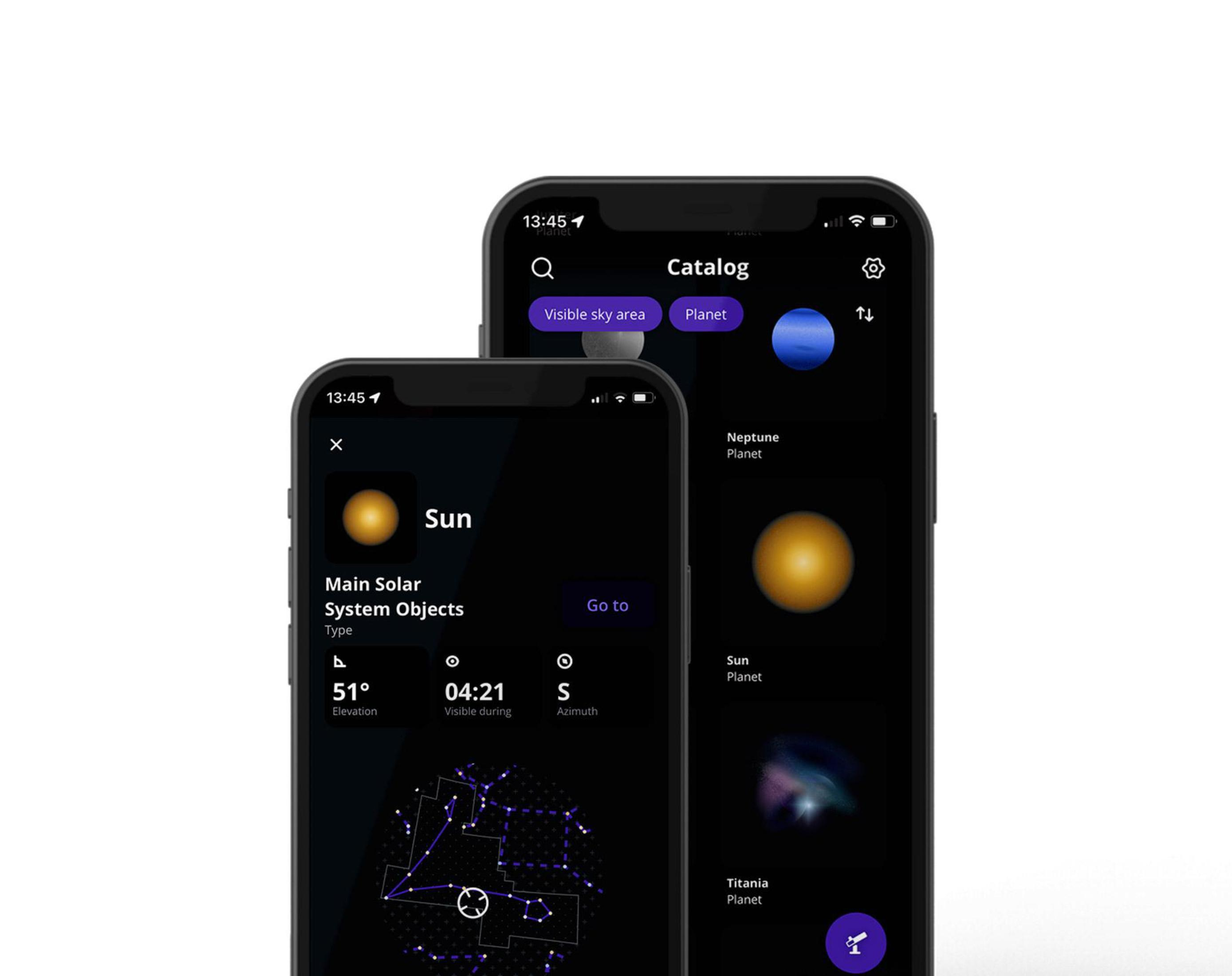 Zwei Smartphones, die eine Sonnensystem-App anzeigen. Eines zeigt die Sonne, das andere Planeten.