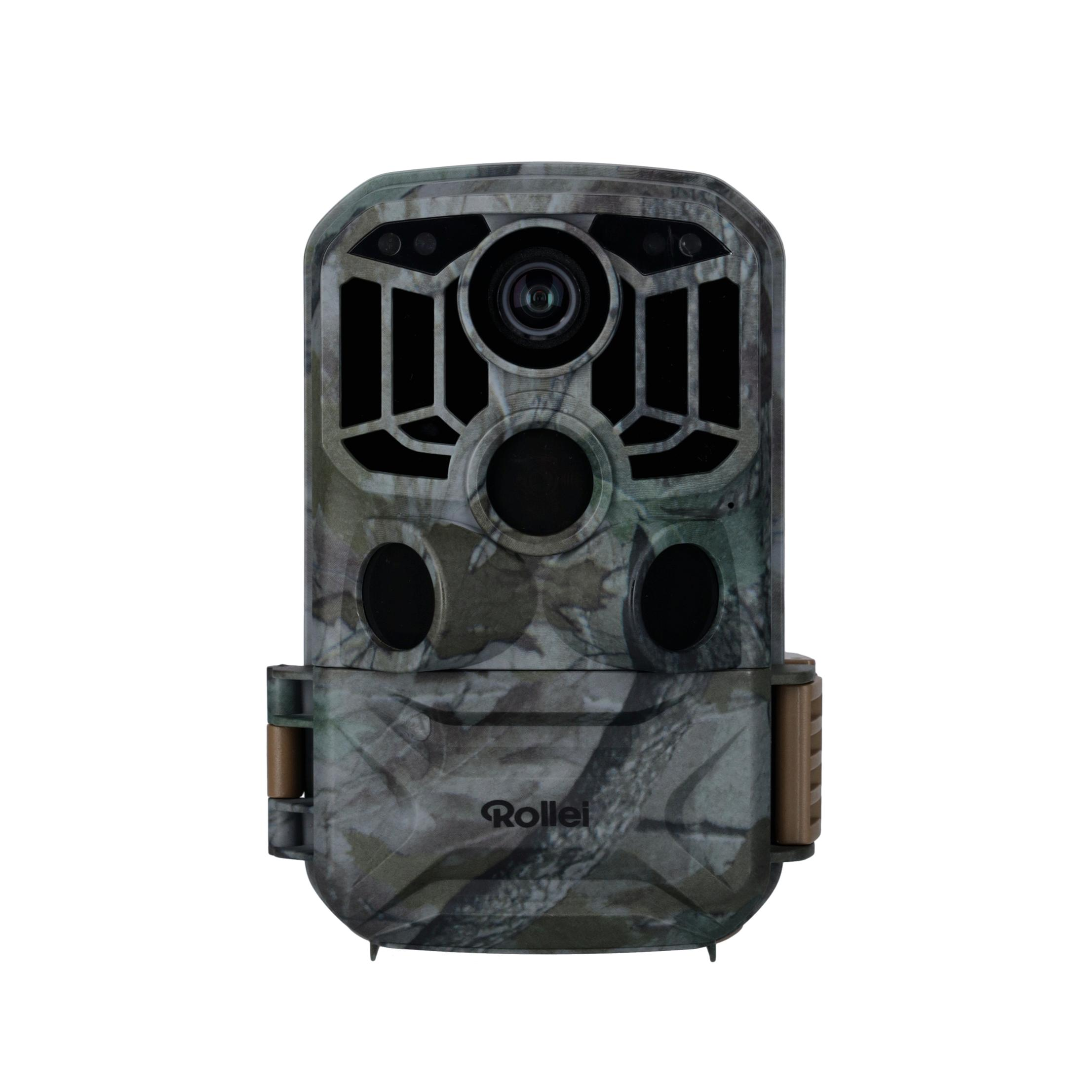 Eine Rollei Wildkamera mit Tarnmuster, Objektiv und Blitz vor weißem Hintergrund.