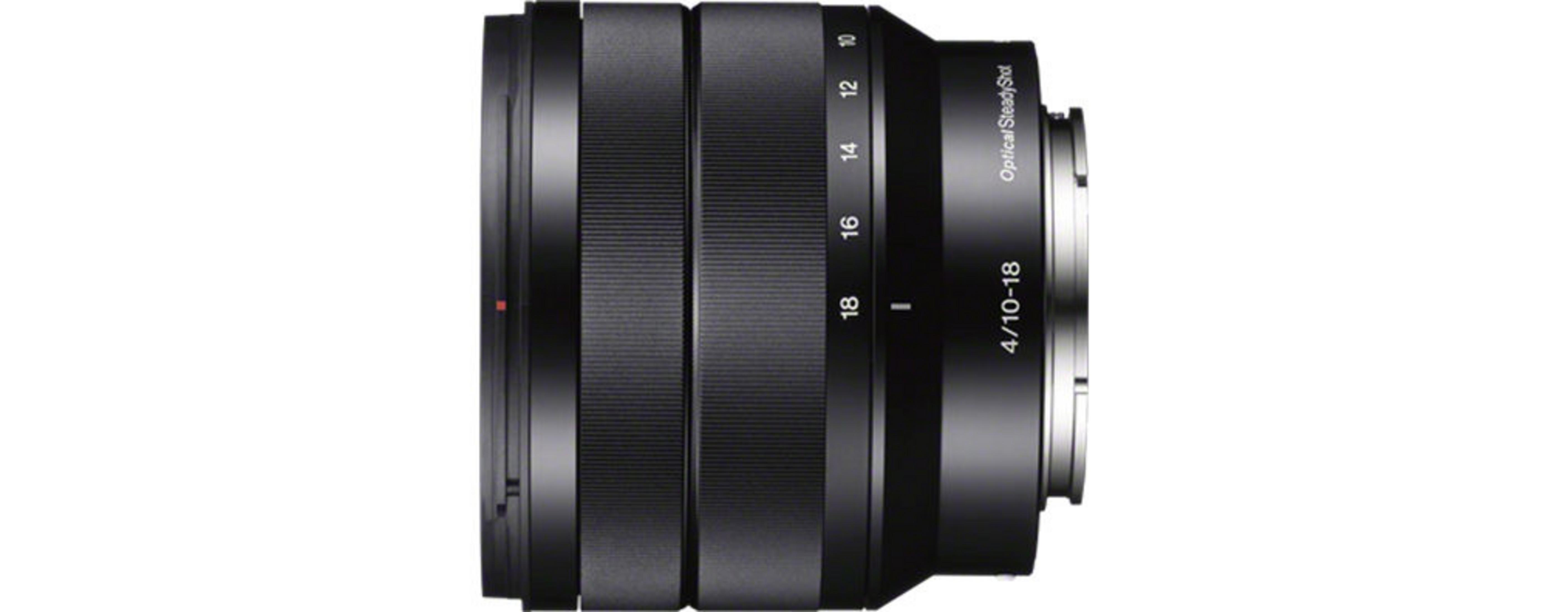 Schwarzes Kameraobjektiv mit verschiedenen Brennweiten. Weißer Hintergrund. Optical SteadyShot Label.