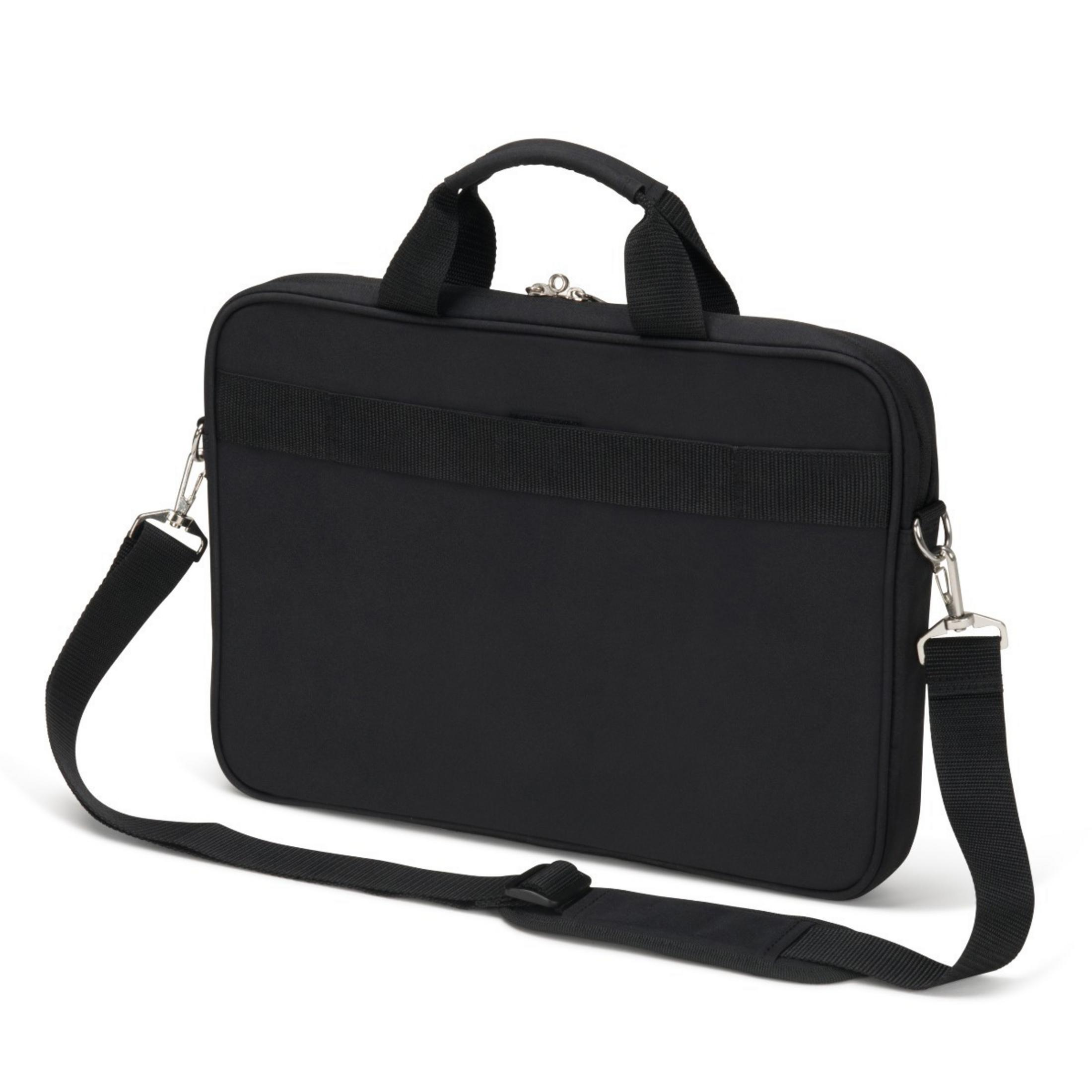 Een zwarte laptoptas met een schouderriem, geïsoleerd op een witte achtergrond.
