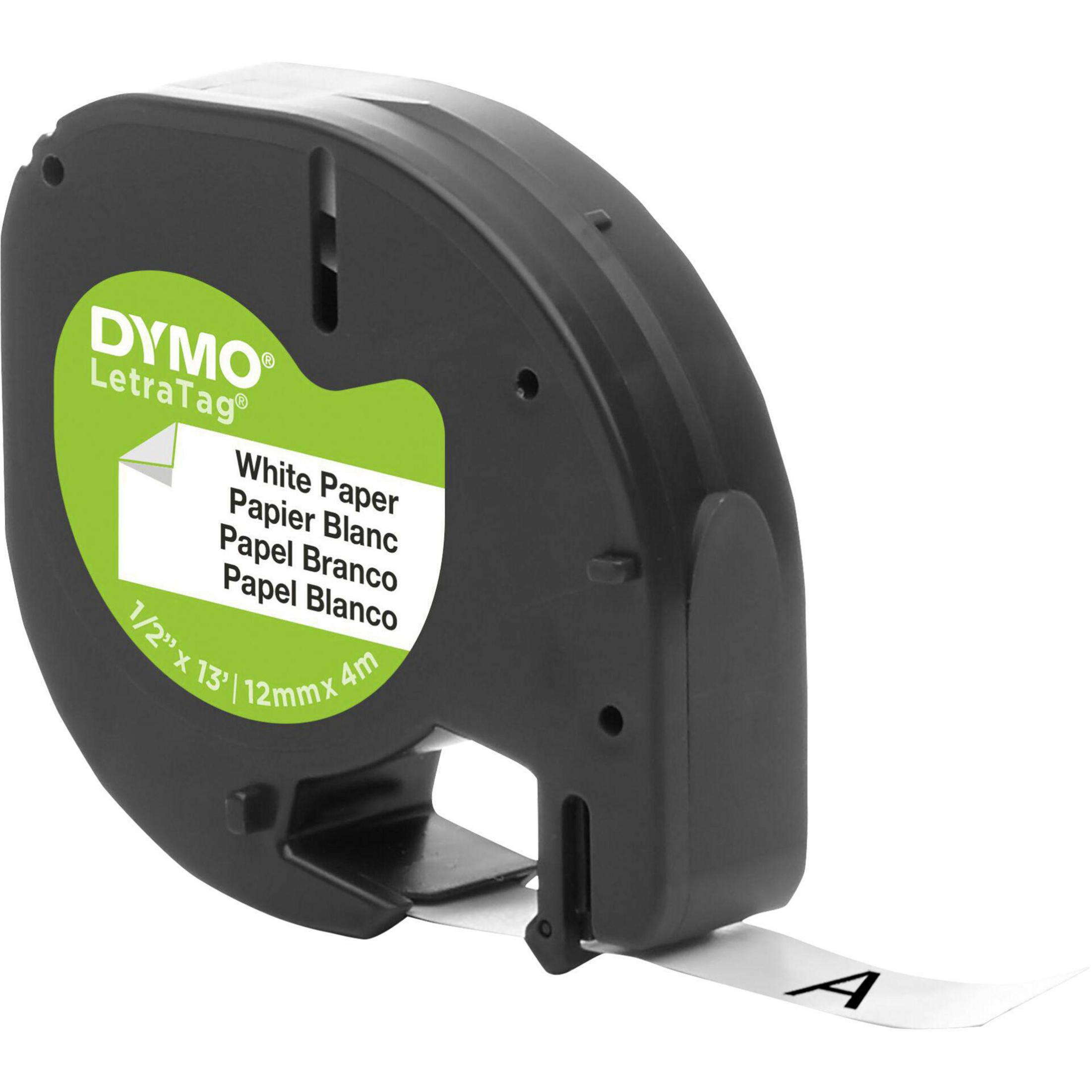 Schwarzer Dymo-Etikettendrucker mit weißem Papieretikett.