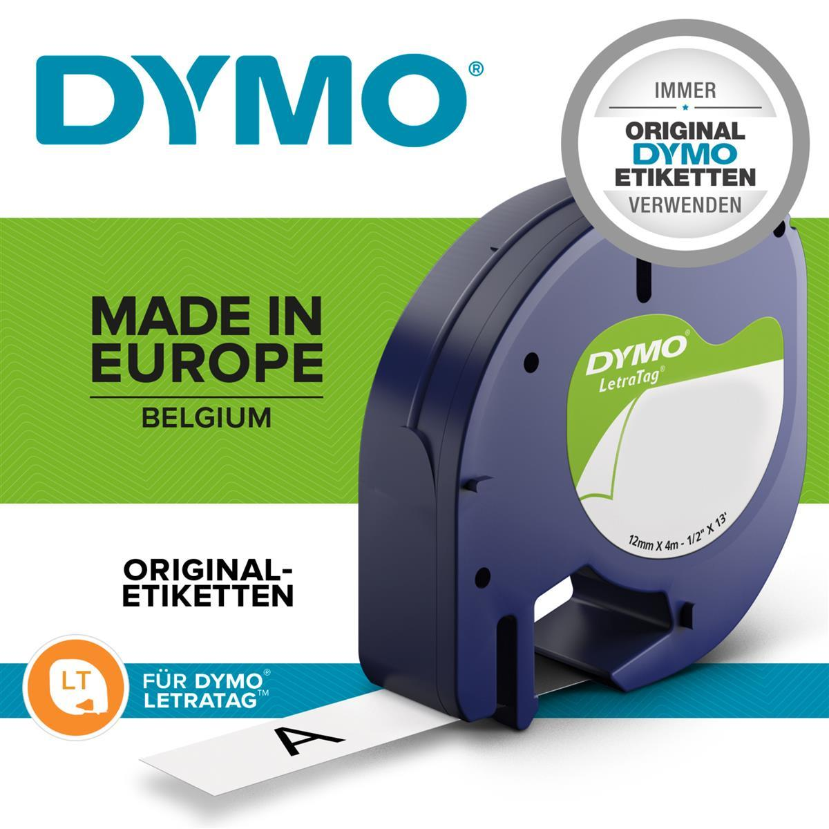 Blauer DYMO LetraTag Etikettendrucker mit weißem Etikett. Text: Made in Europe und Original DYMO Etiketten.