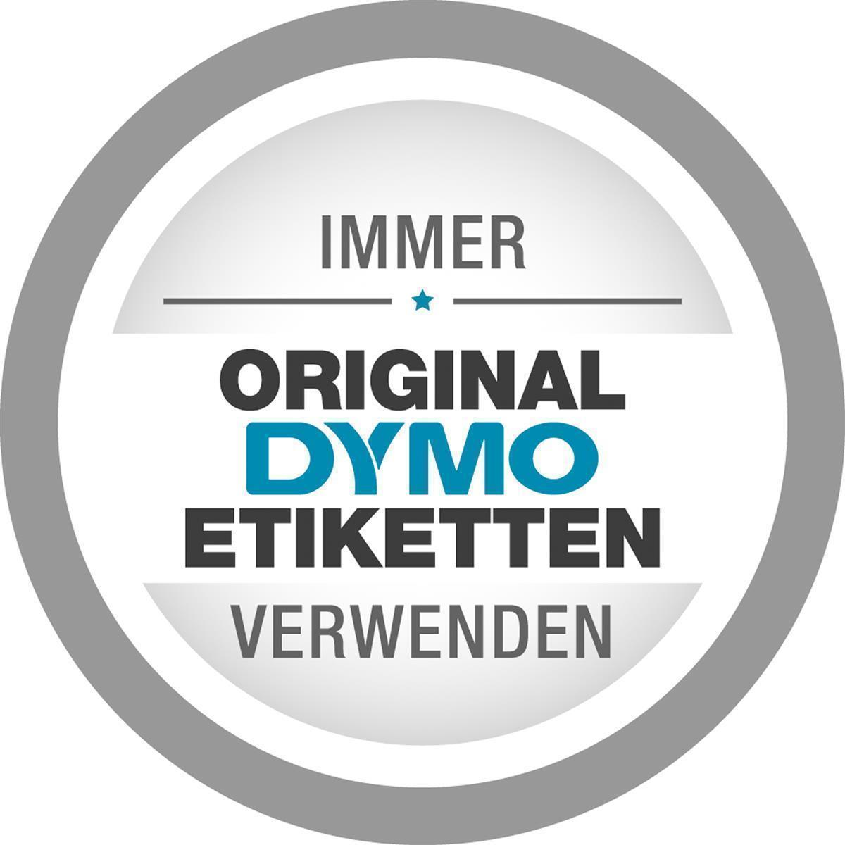 Weißes und graues Etikett mit Text: IMMER ORIGINAL DYMO ETIKETTEN VERWENDEN.