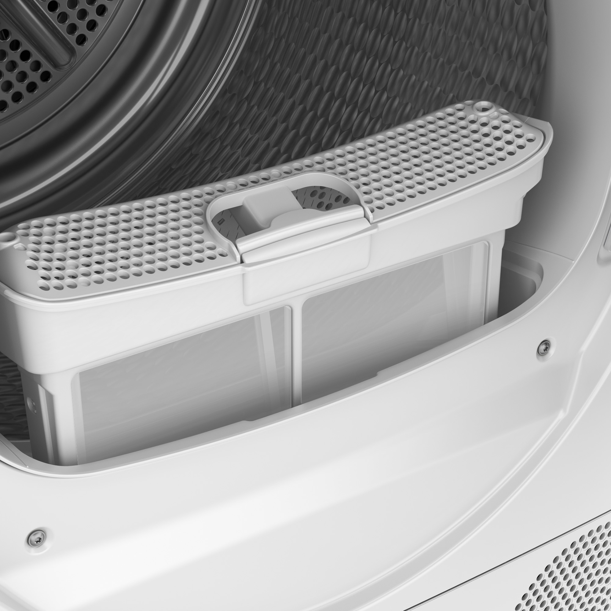 Biała komora filtra suszarki, zbliżenie.