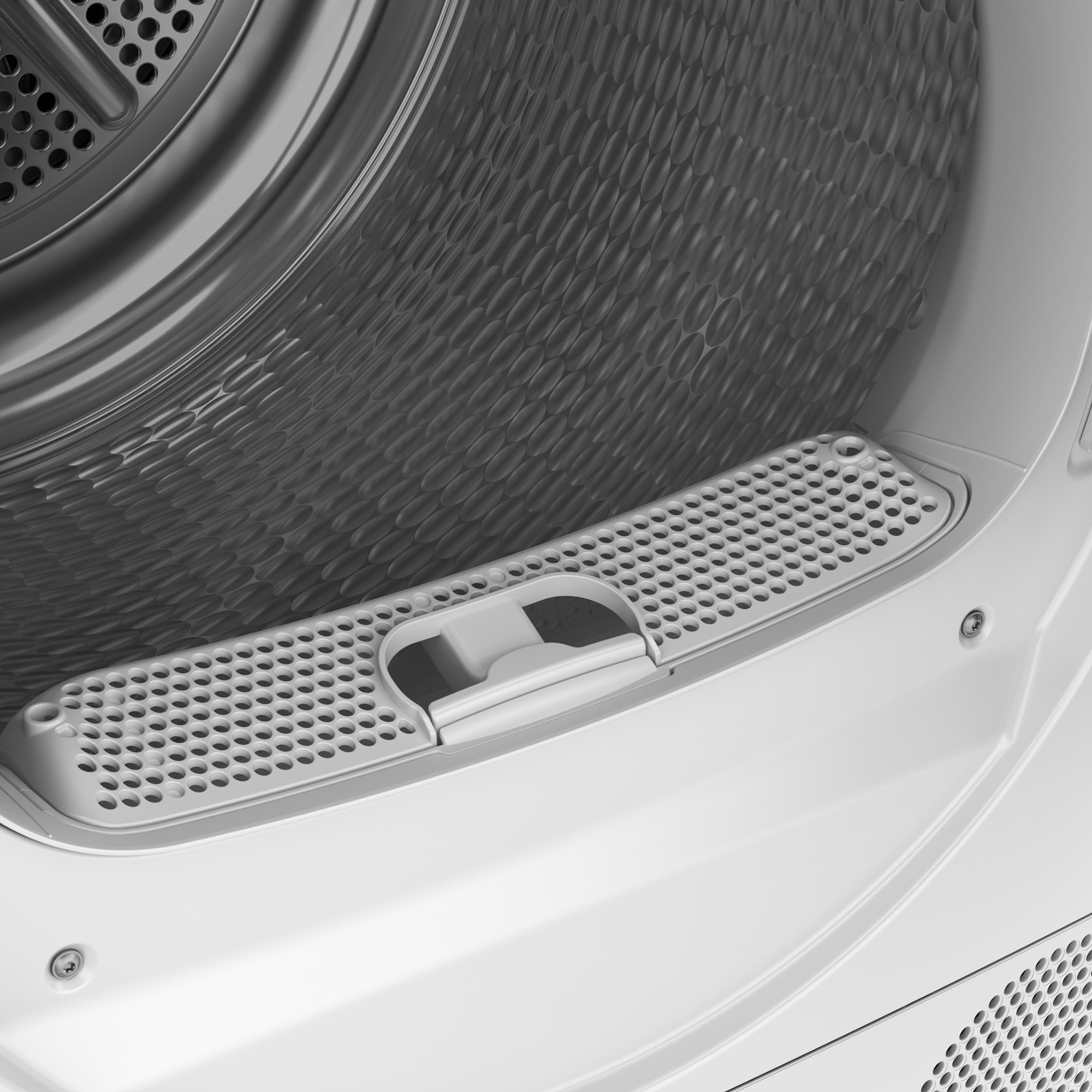 Zbliżenie białego bębna suszarki z szarym filtrem na kurz na dole.