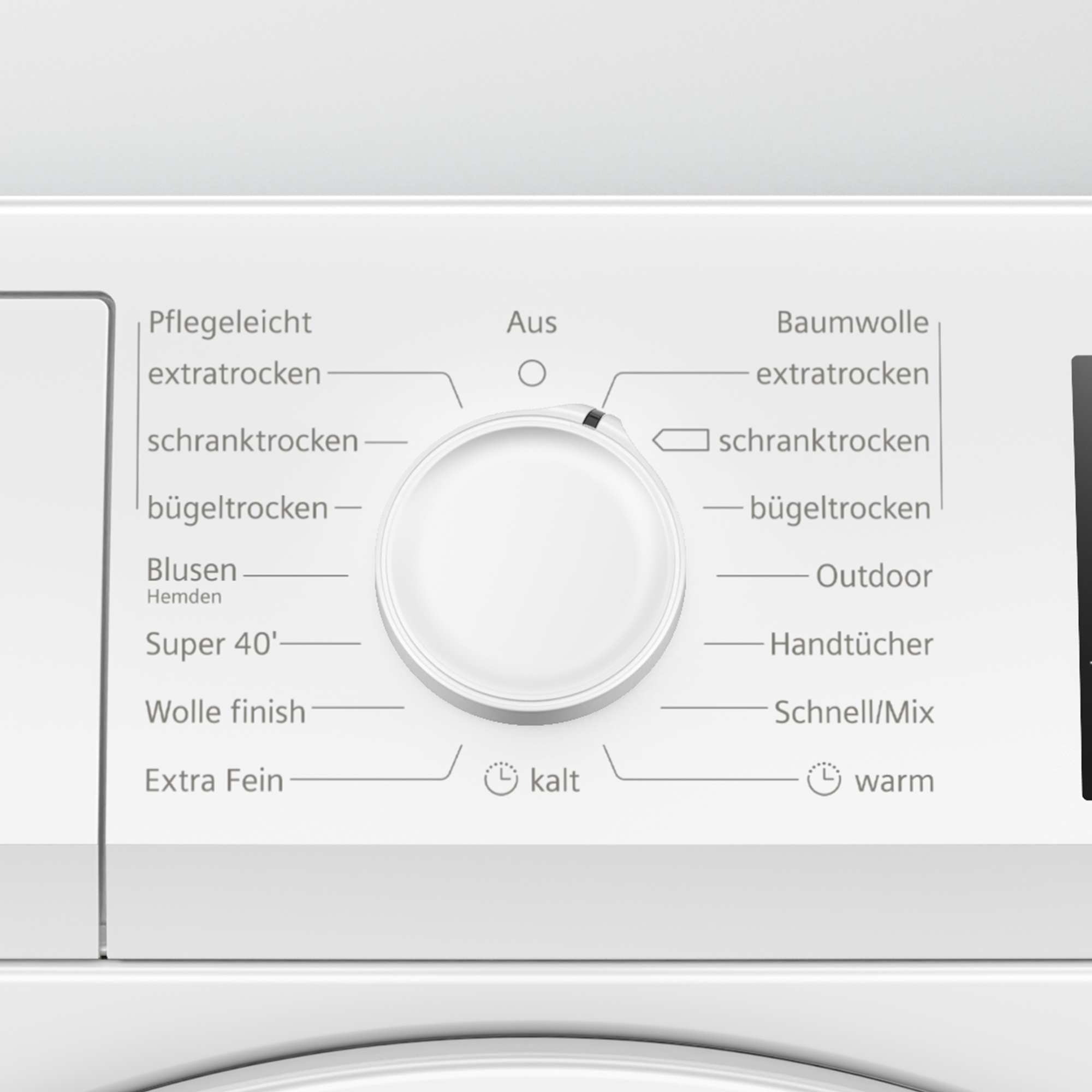 Panel sterowania pralką z pokrętłem i ustawieniami w języku niemieckim.