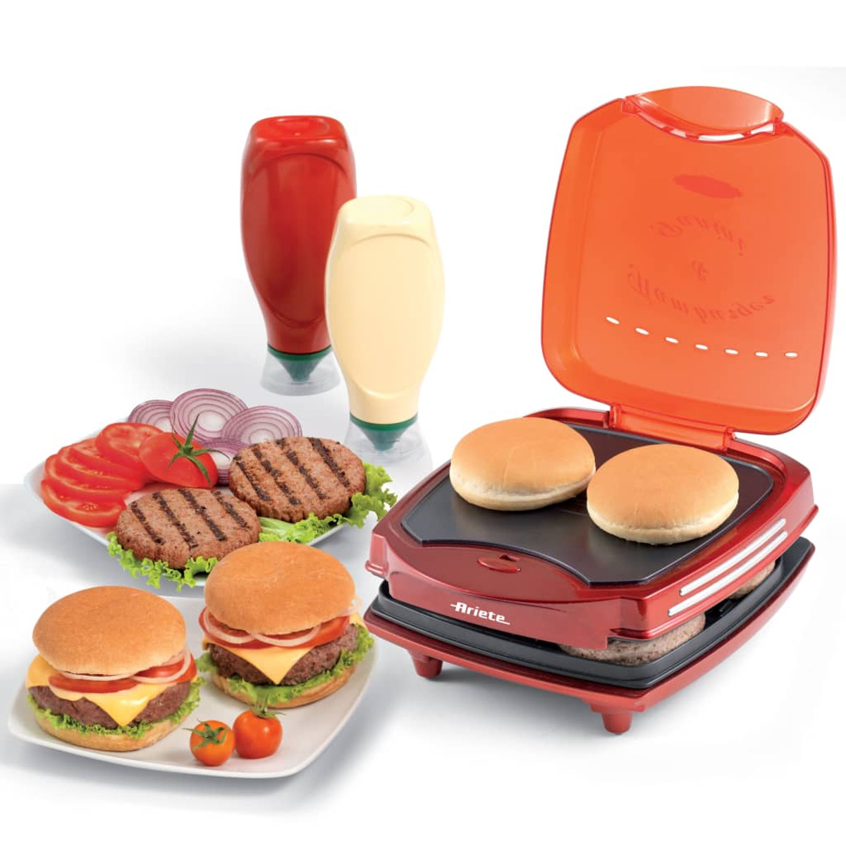 Un'apparecchio per hamburger rosso con hamburger, panini, ketchup, maionese e condimenti.