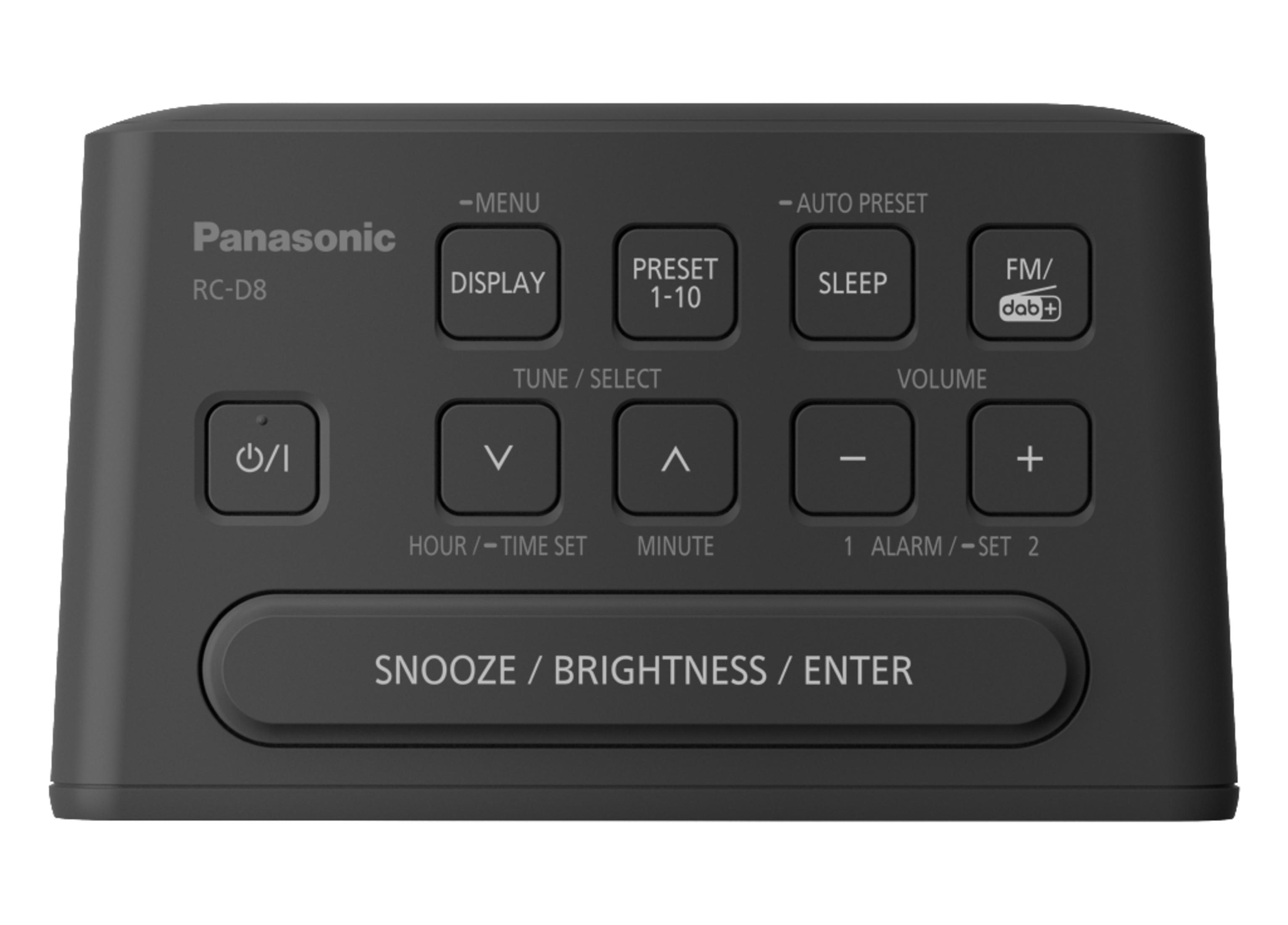 Radiosveglia nera Panasonic RC-D8 con pulsanti per display, preset, sleep e allarme.