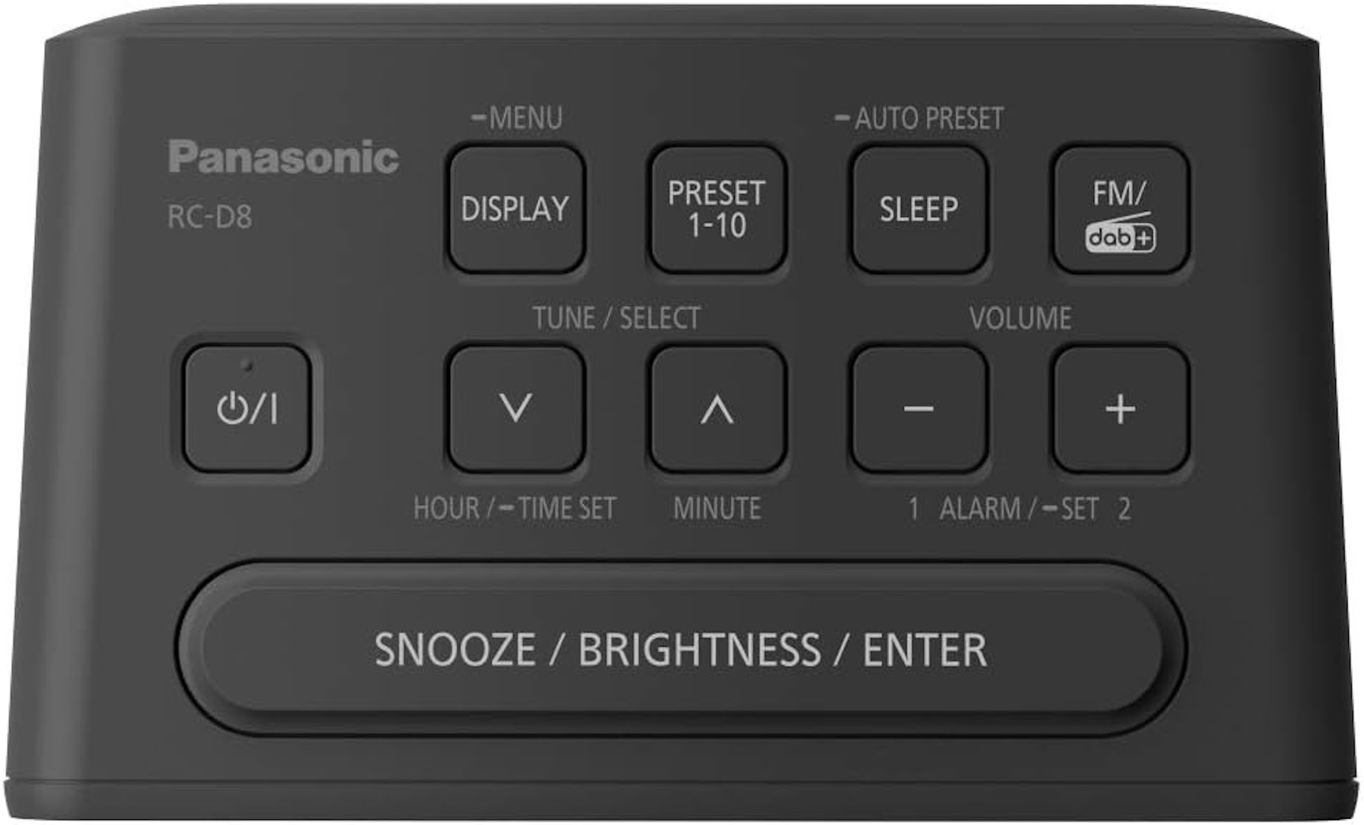 Sveglia radio Panasonic RC-D8 nera. Pulsanti per display, preimpostazione, sleep e volume.